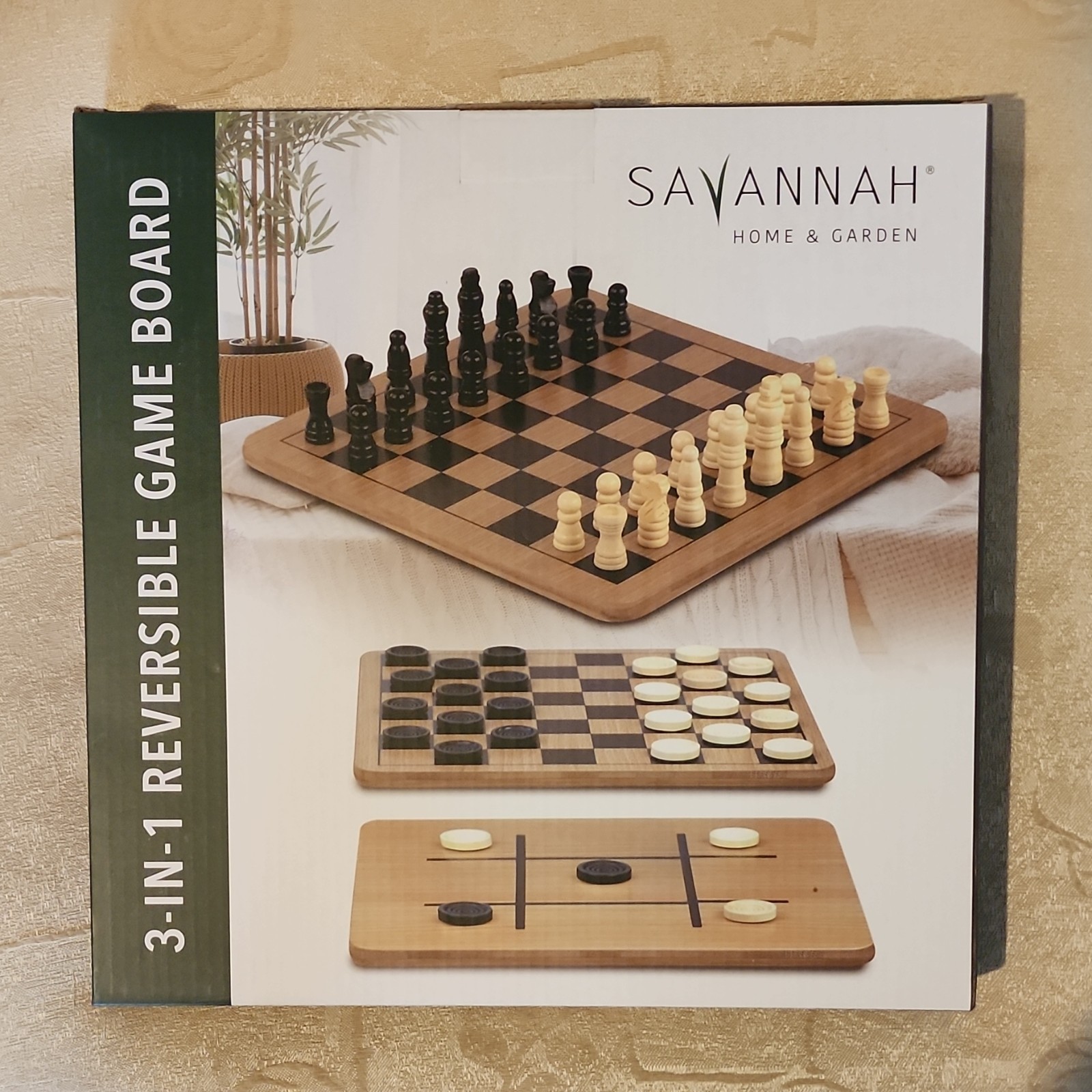 Savannah Home & Garden Reversible Game Board Chess Checkers Tic-Tac-Toe 3-in-1
