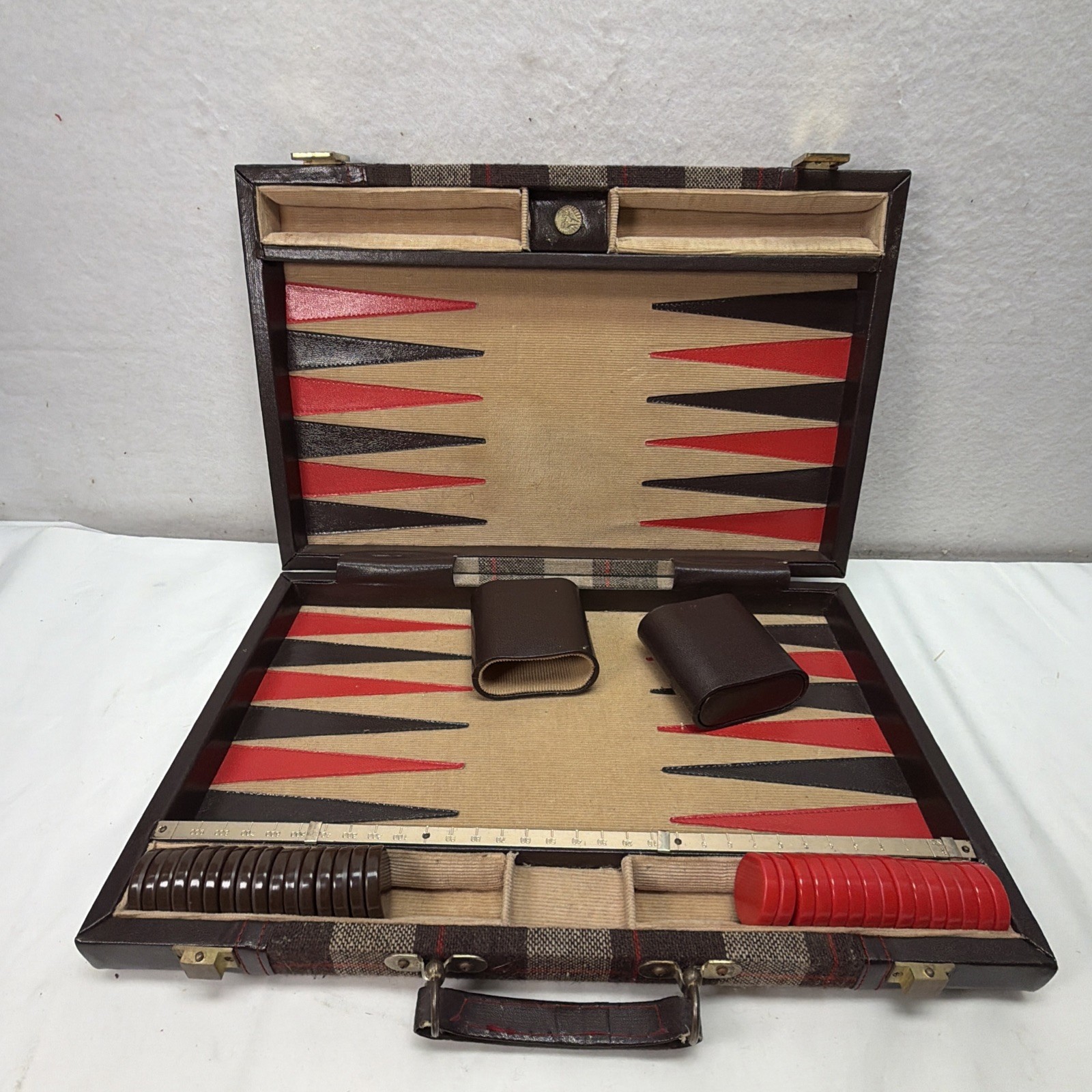 Vintage Aries Of Beverly Hills Backgammon Set Brown And Navy Plaid COMPLETE MCM