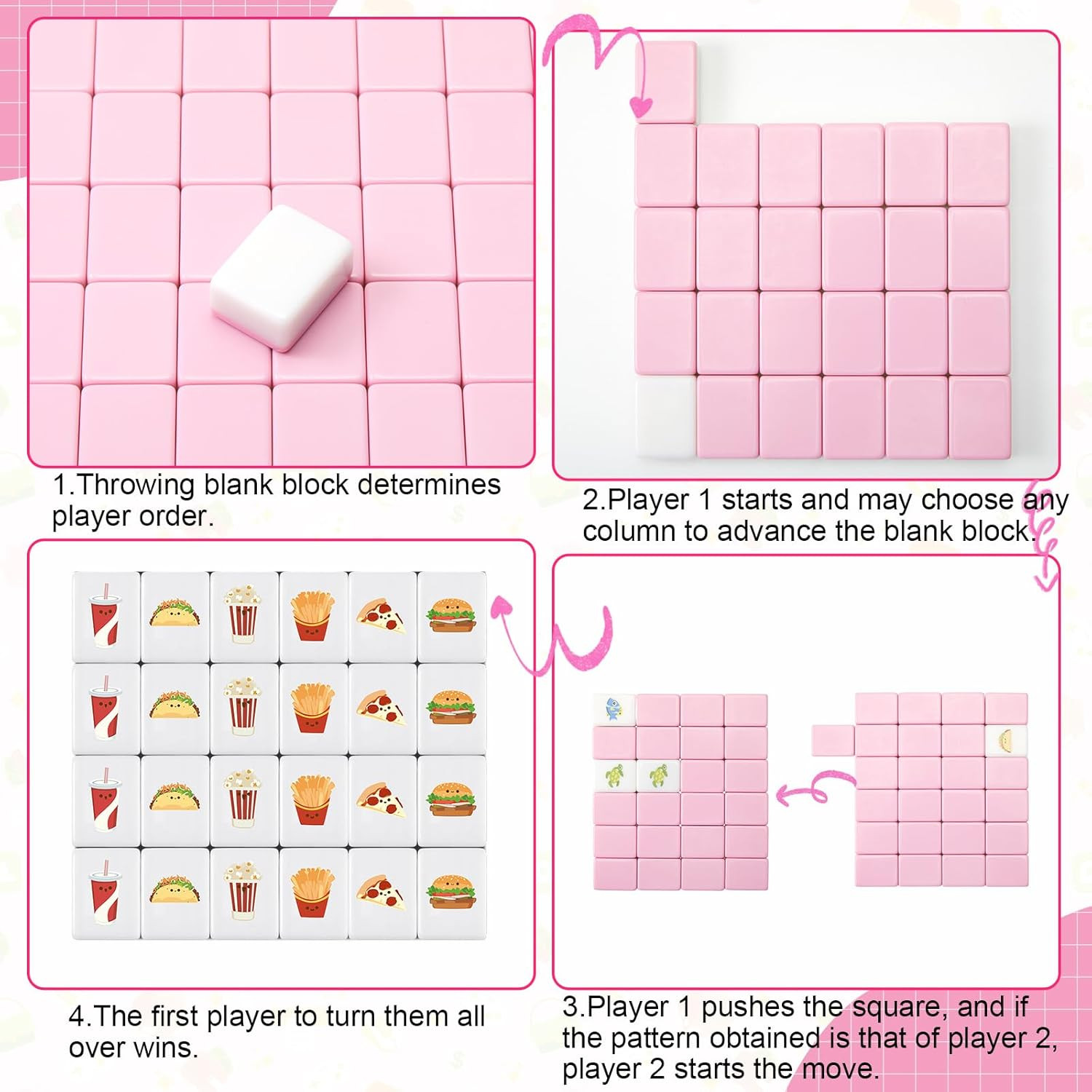 Pink Pink 2 Players Mahjong Block Set, Mahjong Tile Game with 50 Tiles with 12 D