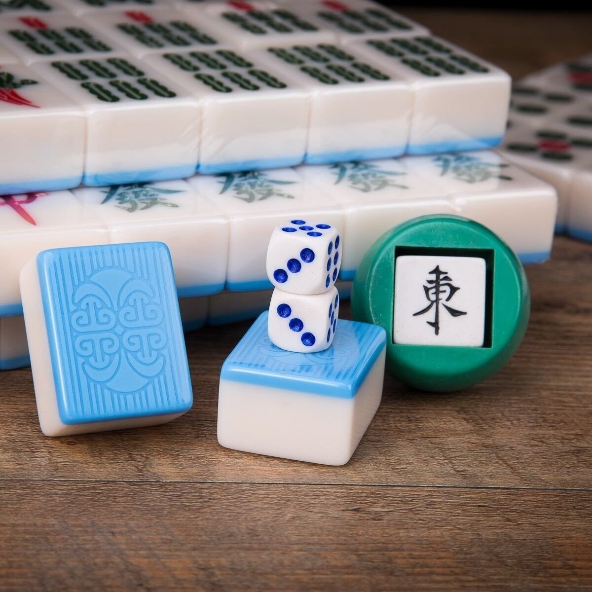 Traditional Chinese Mahjong Game Set 144 + 2 Spares Blue Color Tiles