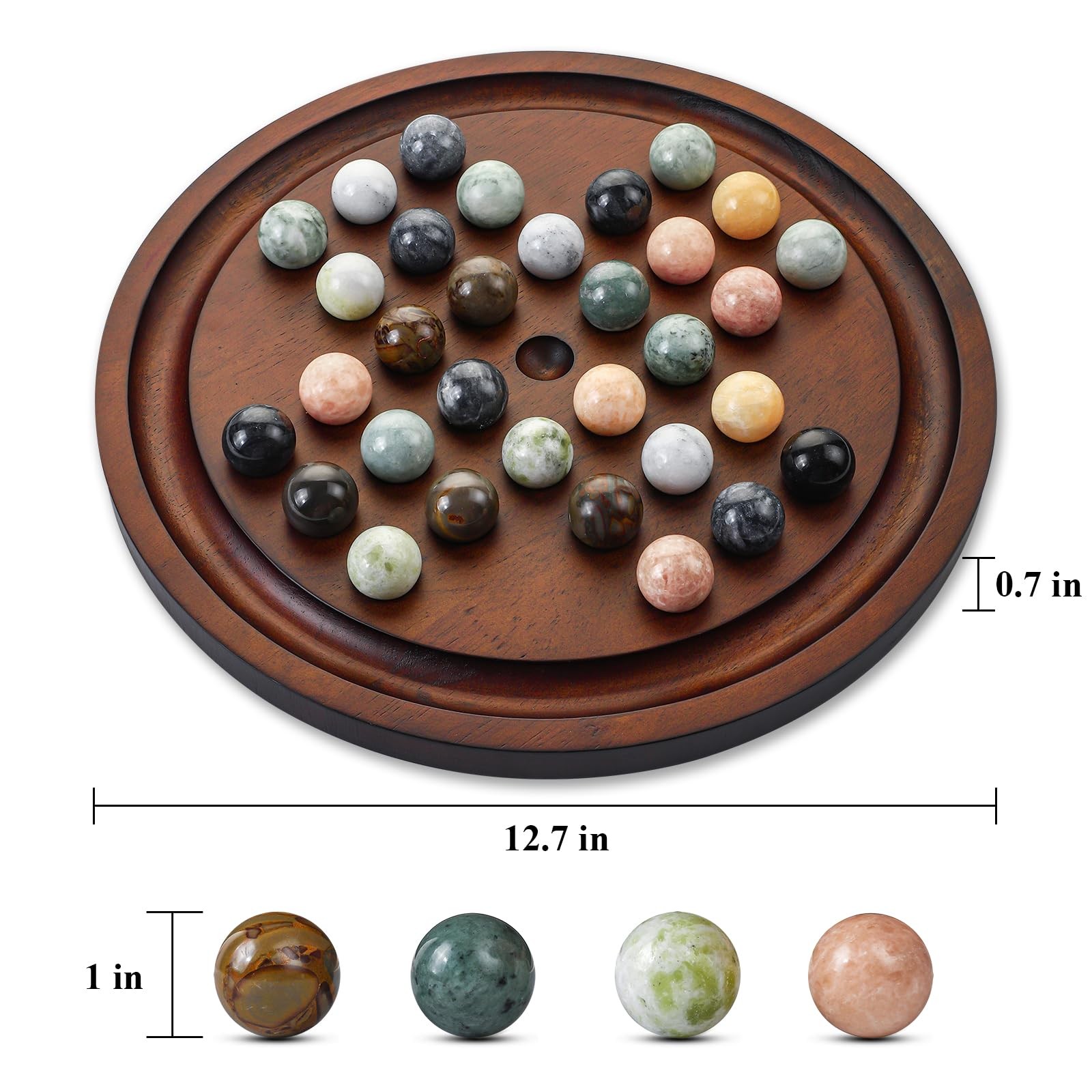 Solitaire Game,12.7-Inch inches Solid Wooden Board with 33 Natural Marble