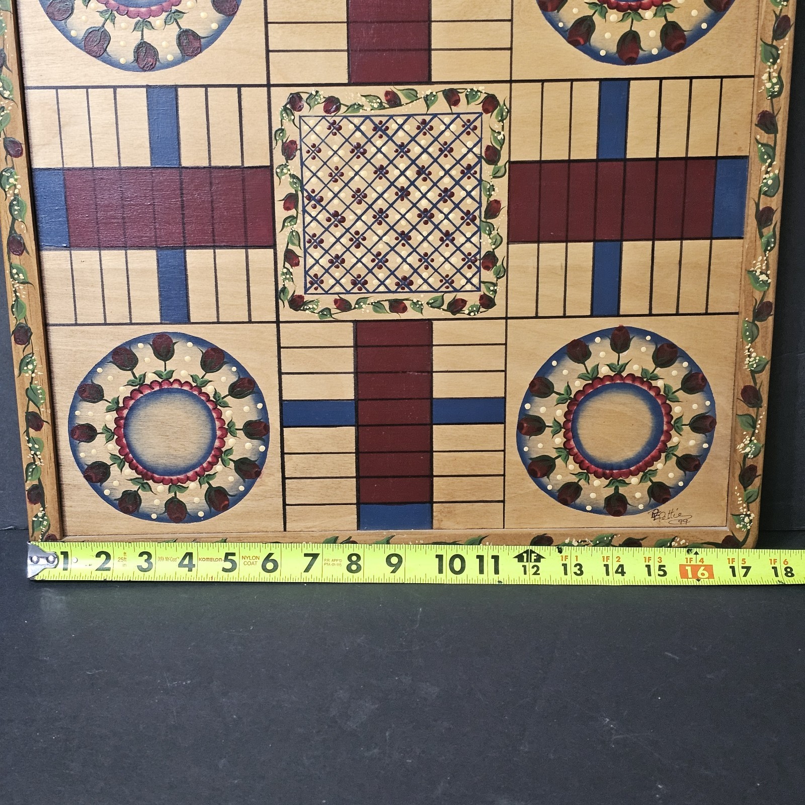 Vintage Parcheesi Wooden Board Handpainted Game, Folk Art