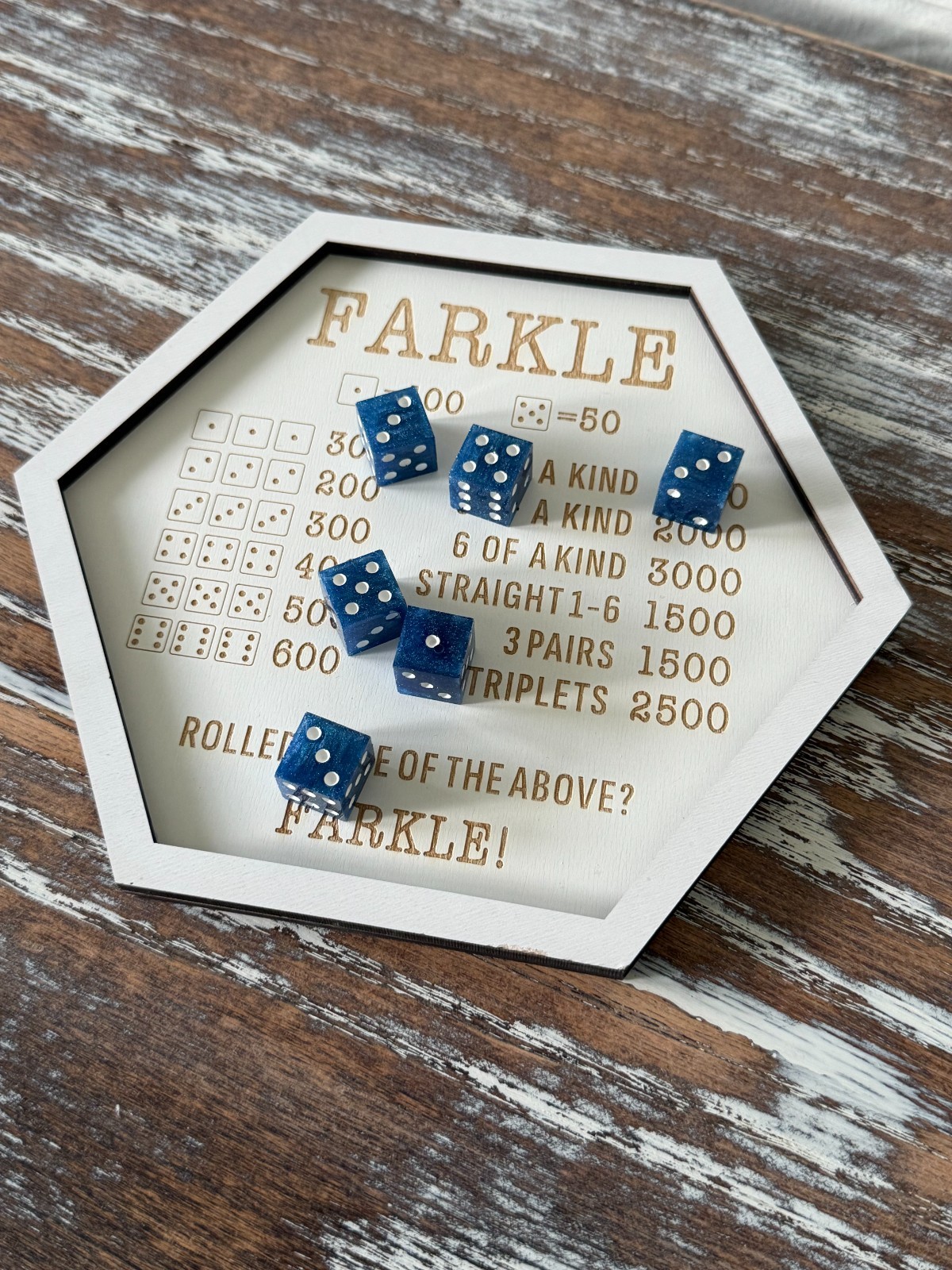Wooden Farkle Game Board Hexagonal Dice Tray – Family Game Night (Board Only)
