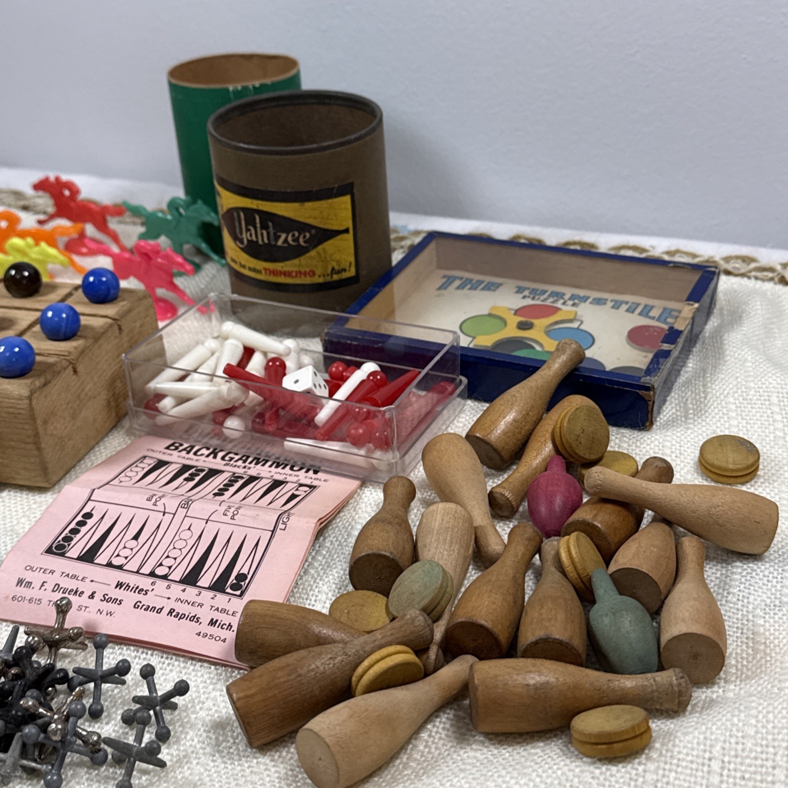 Vintage Wooden Small Game Lot Board Pieces Carrom Marble Football Jacks Yahtzee