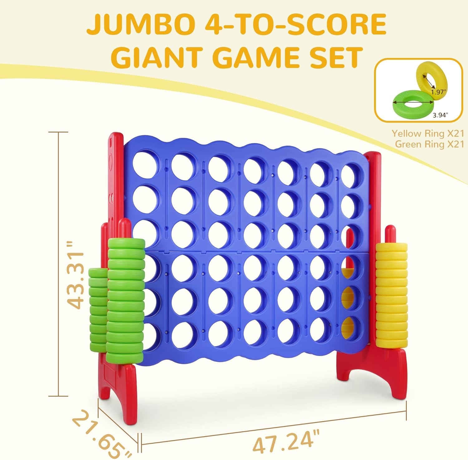 Giant 4-In-A-Row Connect Game Outdoor, 3.5FT Jumbo 4-To-Score Yard Game for Kids