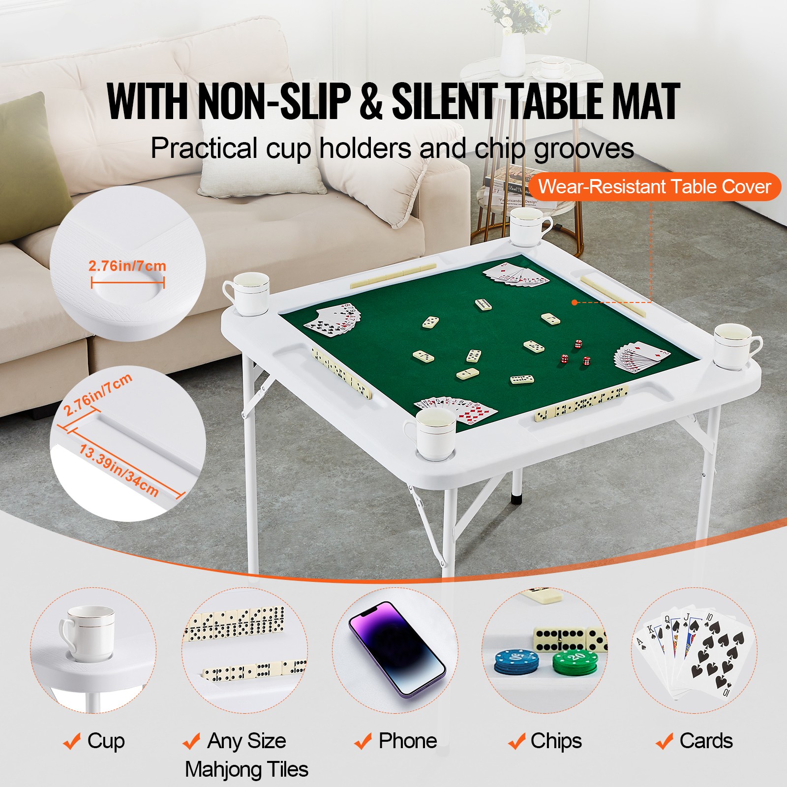 UimosoMahjong Table 4 Player Folding Card Table & Table Mat Cup Holder Chip Tray