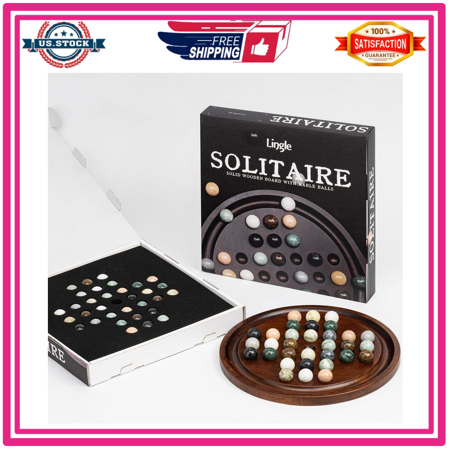 12.6” Wooden Solitaire Board Game Single Player Strategy with Marble Balls Set