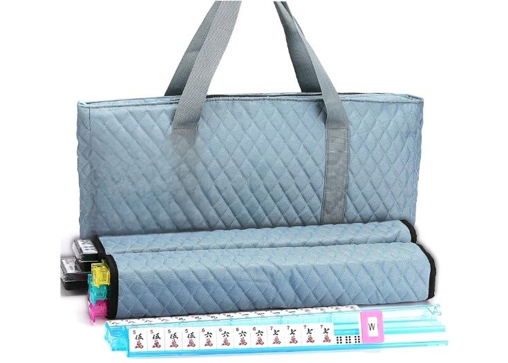 Mahjong American Game Set – Pearl Gray Quilted Soft Bag Engraved Tiles 4 Players