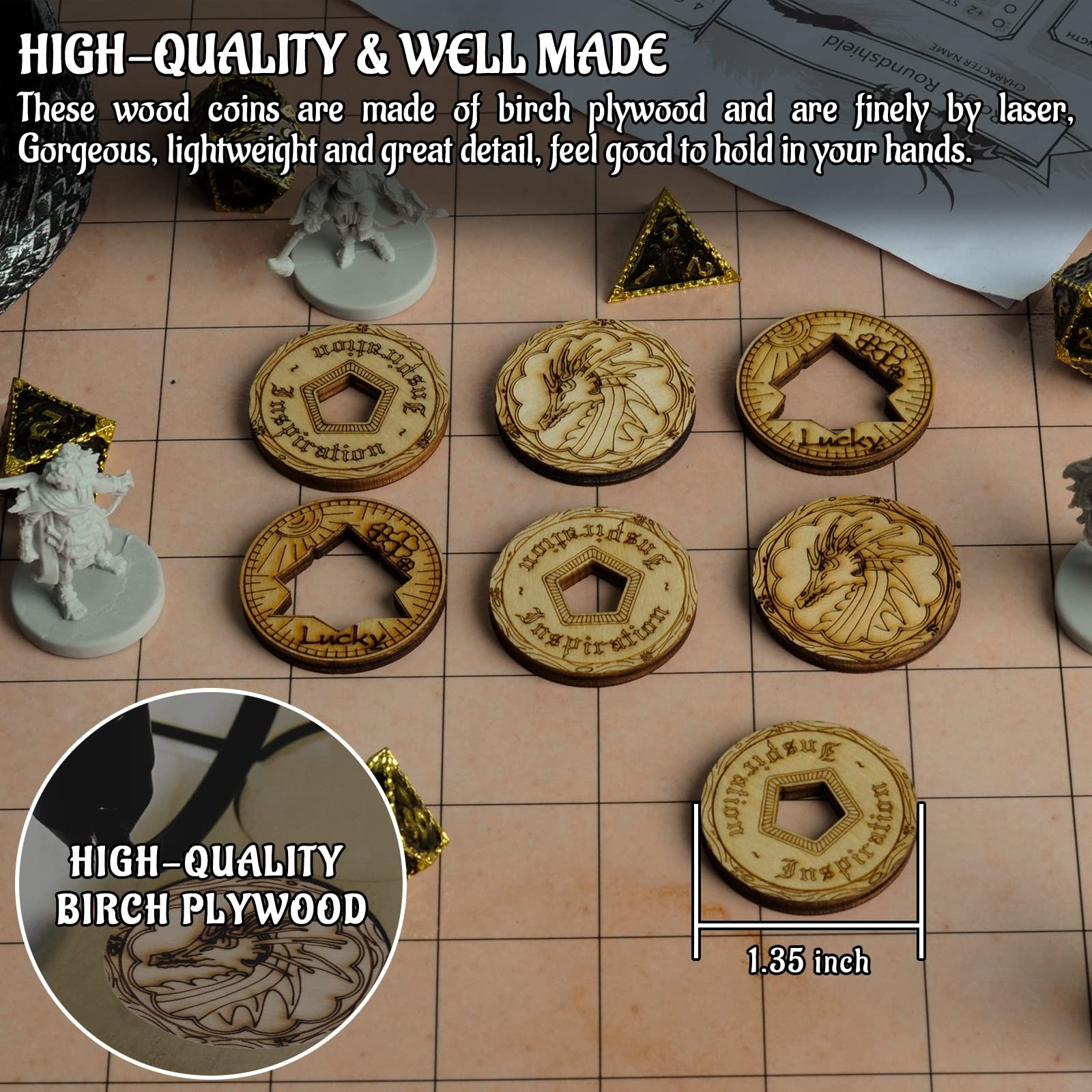 DND Tokens Laser Cut Wood Coins Set of 15 in 3 Styles – Lucky 1.35 inches