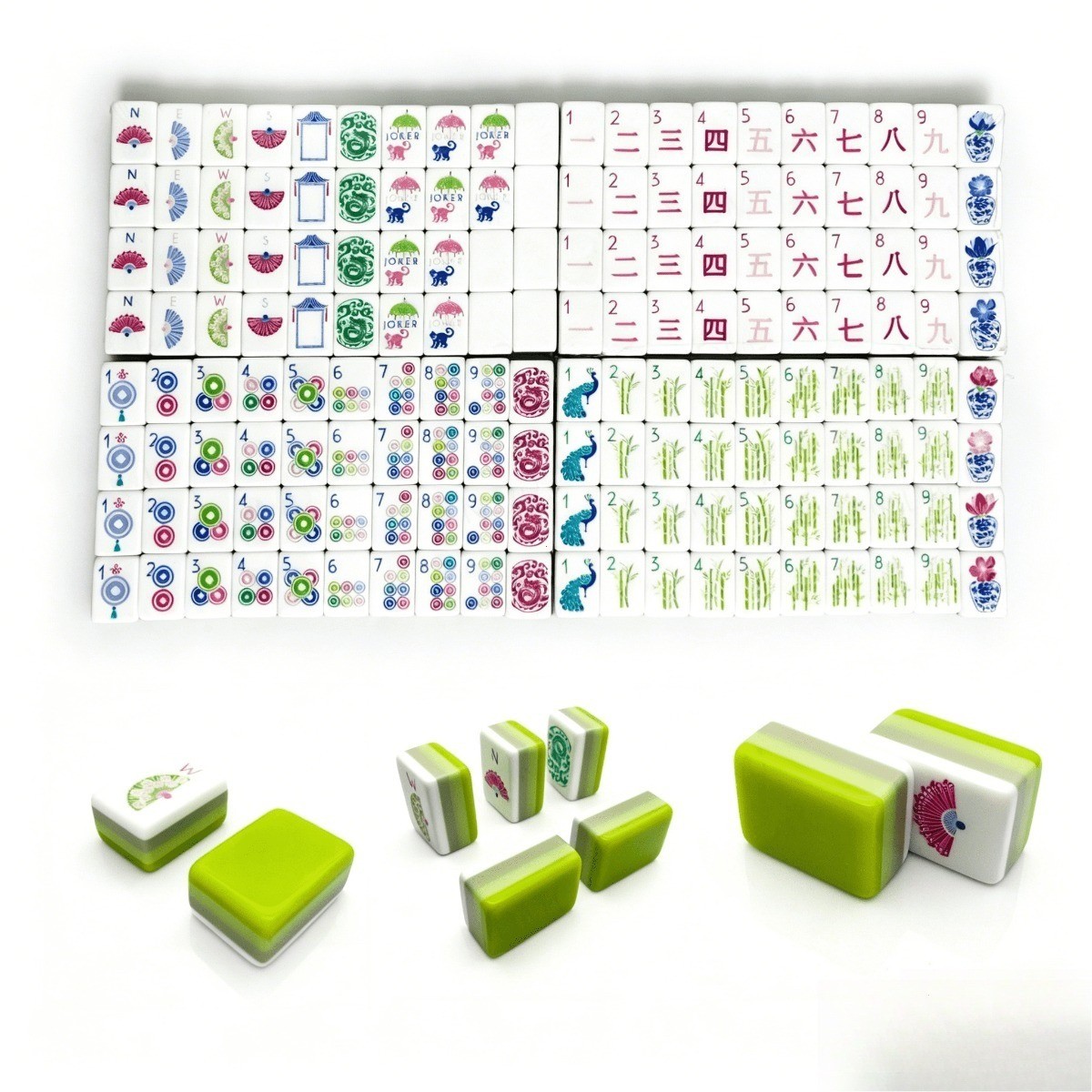 Fresh Green White Layer Mahjong Tiles Peacock Fan Joker Floral Print 160 Set