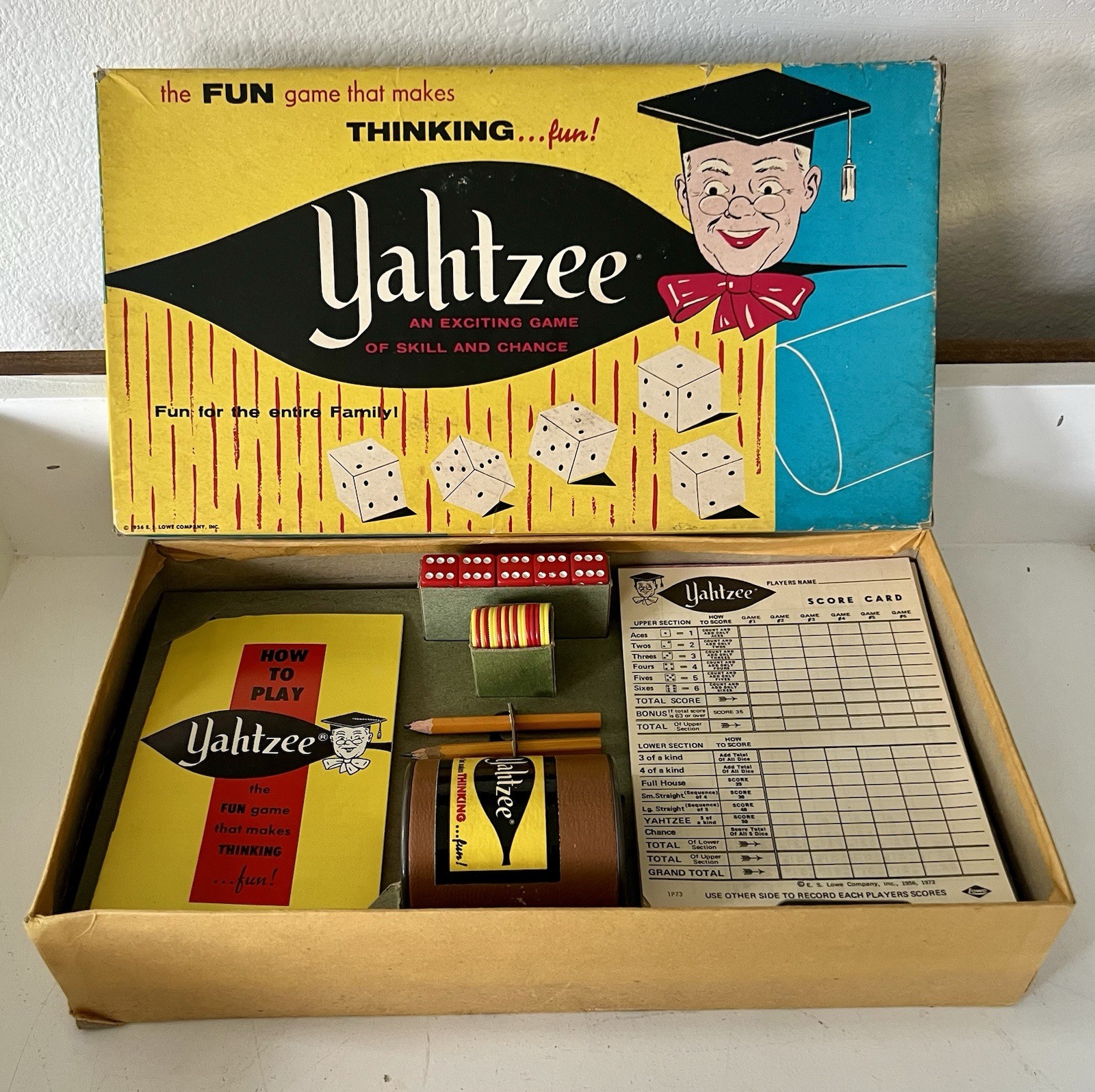 Vintage 1956 Yahtzee Complete E.S. Lowe Dice Game w Dice Cup Box Manual VG! MCM