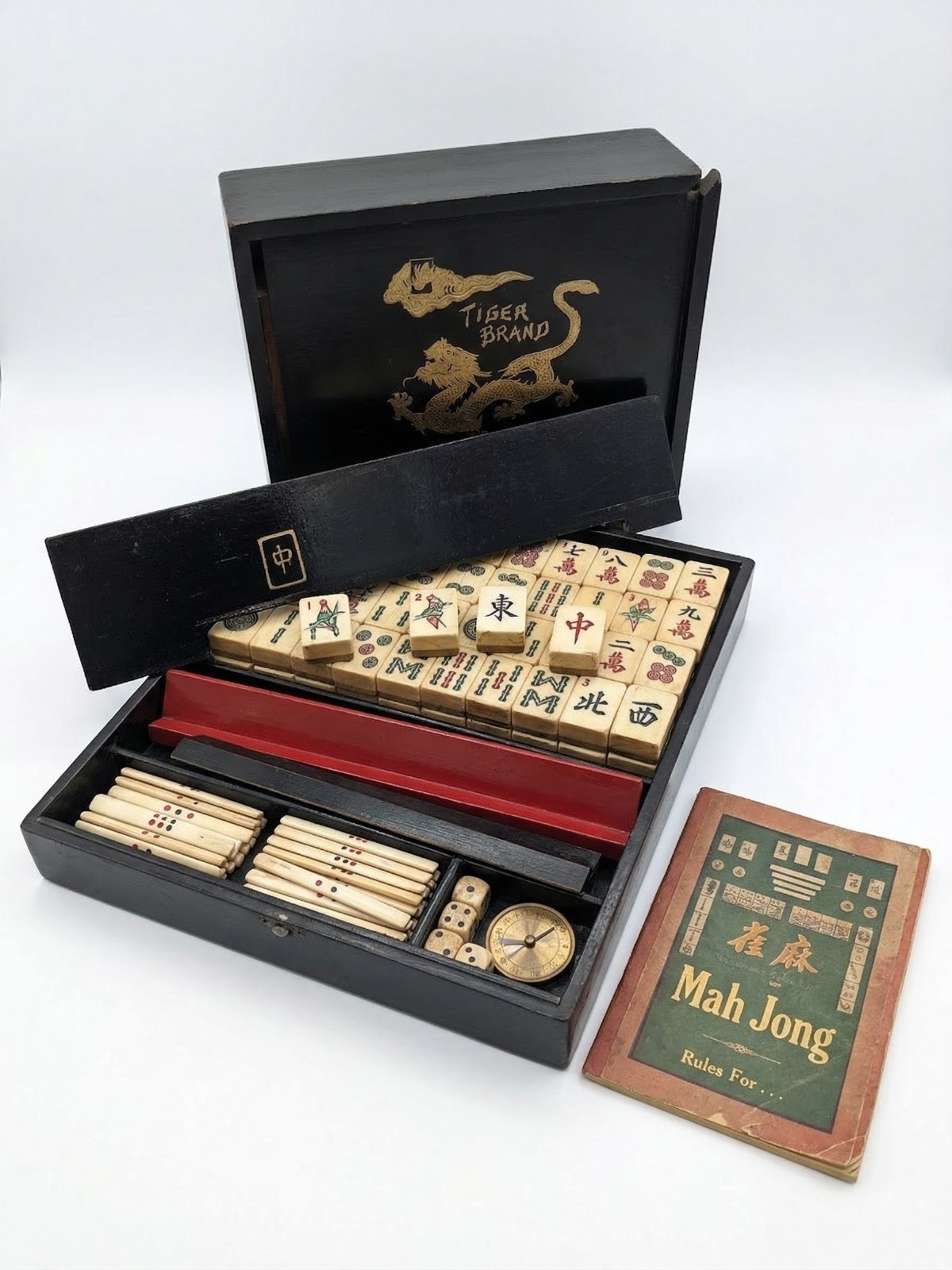 Antique 1920s Tiger Brand Mah-Jongg Set Bone Bamboo Tiles Babcock Rules Book
