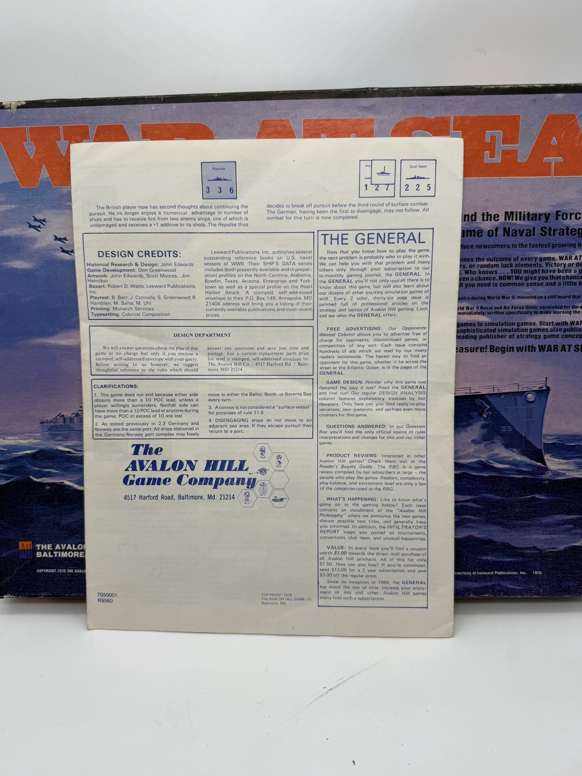 1976 War at Sea Game by Avalon Hill Complete in Great Condition FREE SHIPPING