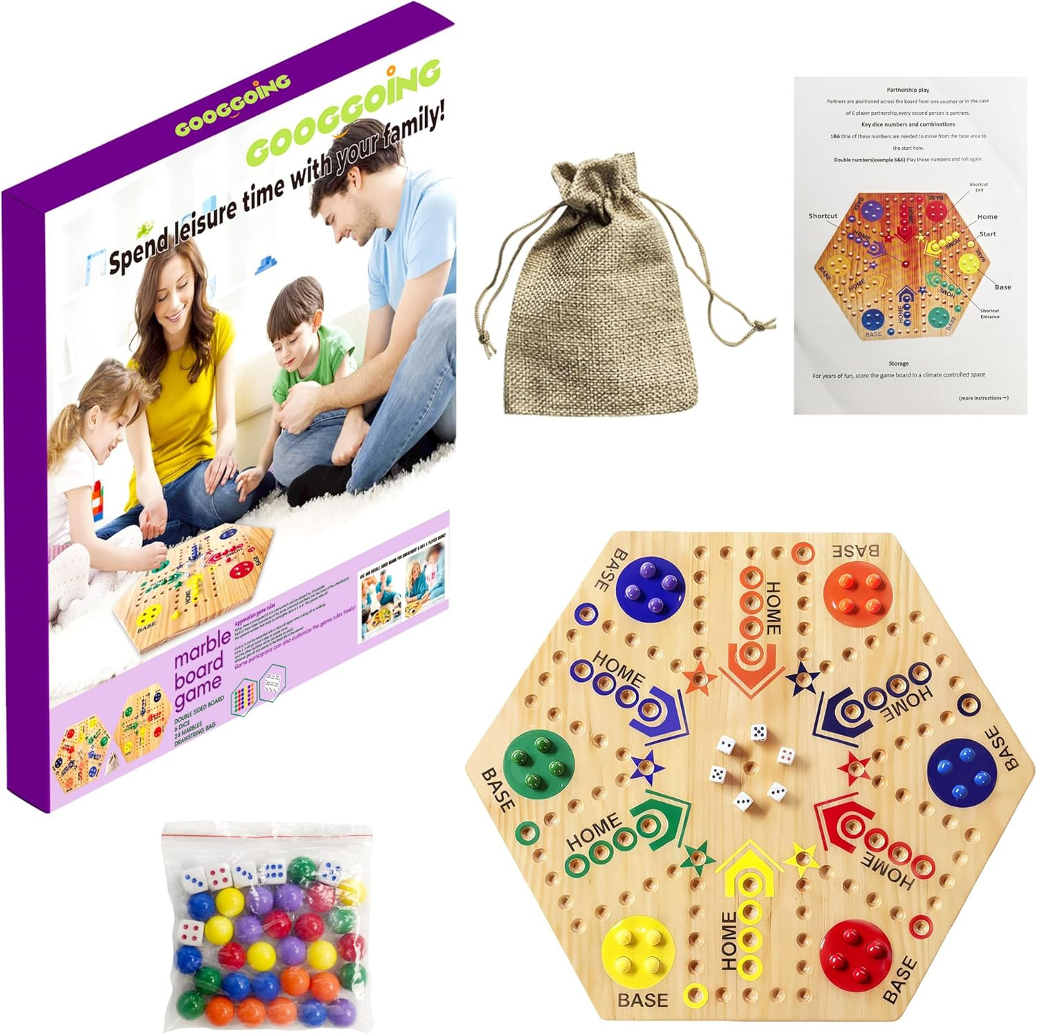 Wooden Board Game, Original Marble Game Double Sided Painted 2 to 6 Player Fast