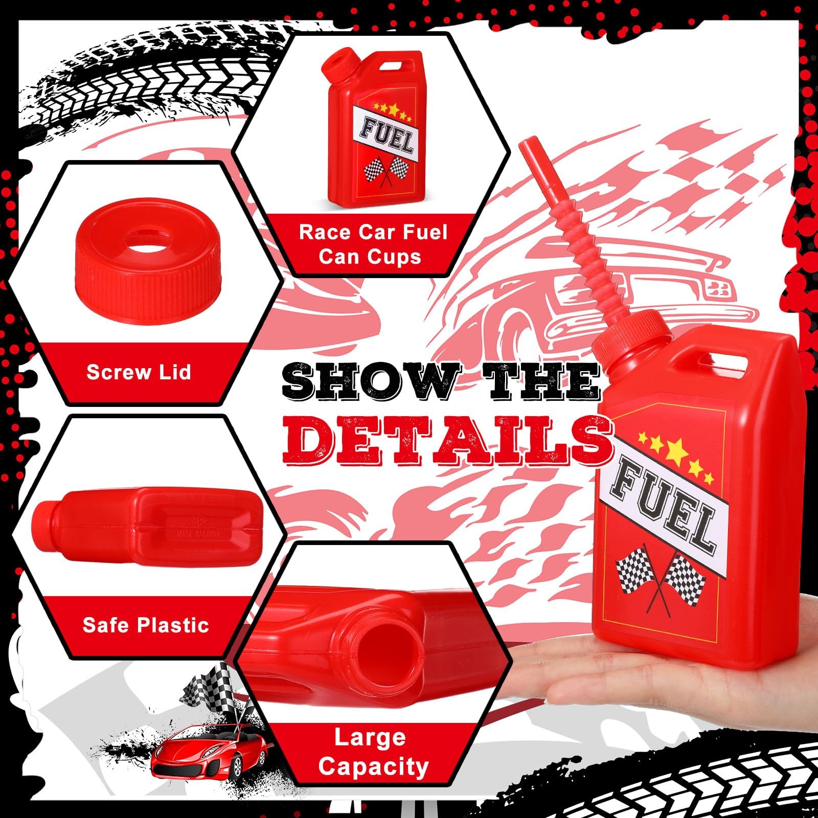 Drinking Cups 12 Pack 11 oz Race Car Fuel Can with Straw Red Mifoci Racing Theme