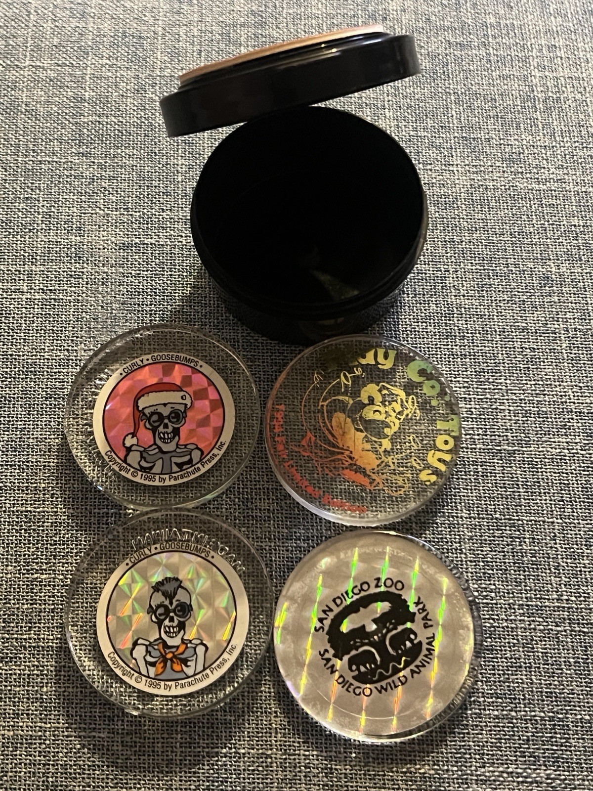 Vintage 1995 Goosebumps Curly Hologram POG Slammer Lot with Gotcha Storage Case