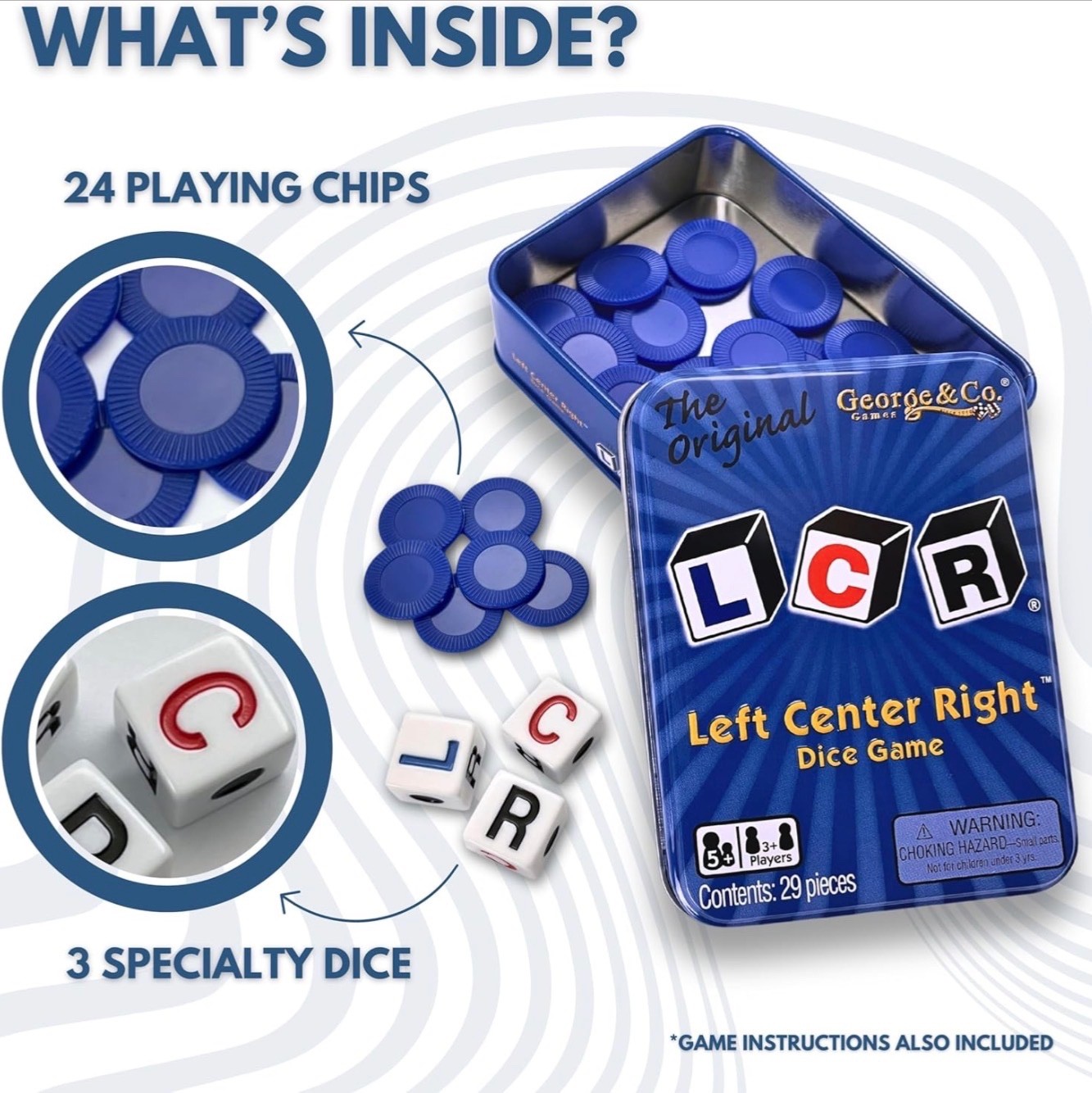 LCR – Left Center Right – Dice Game in Blue Tin Packaging – New Sealed