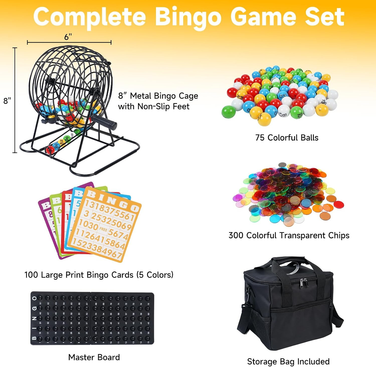 Deluxe Bingo Game Set with Laser Engraved Balls & 300 Chips – Includes 8″ Metal