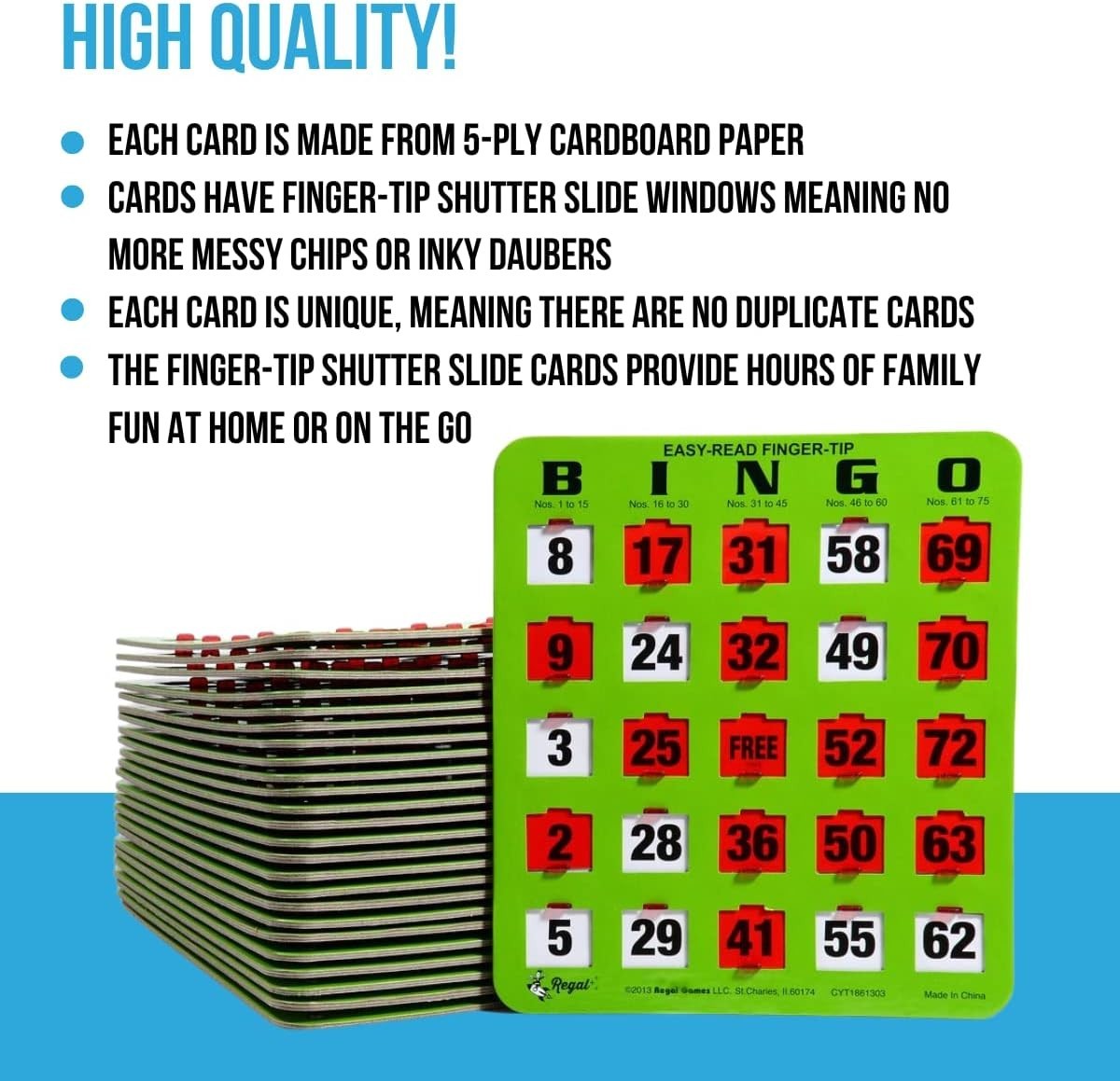 Bingo Cards Set of 10 Unique Shutter Slide Easy Read Green Cardstock 8×9 Inch