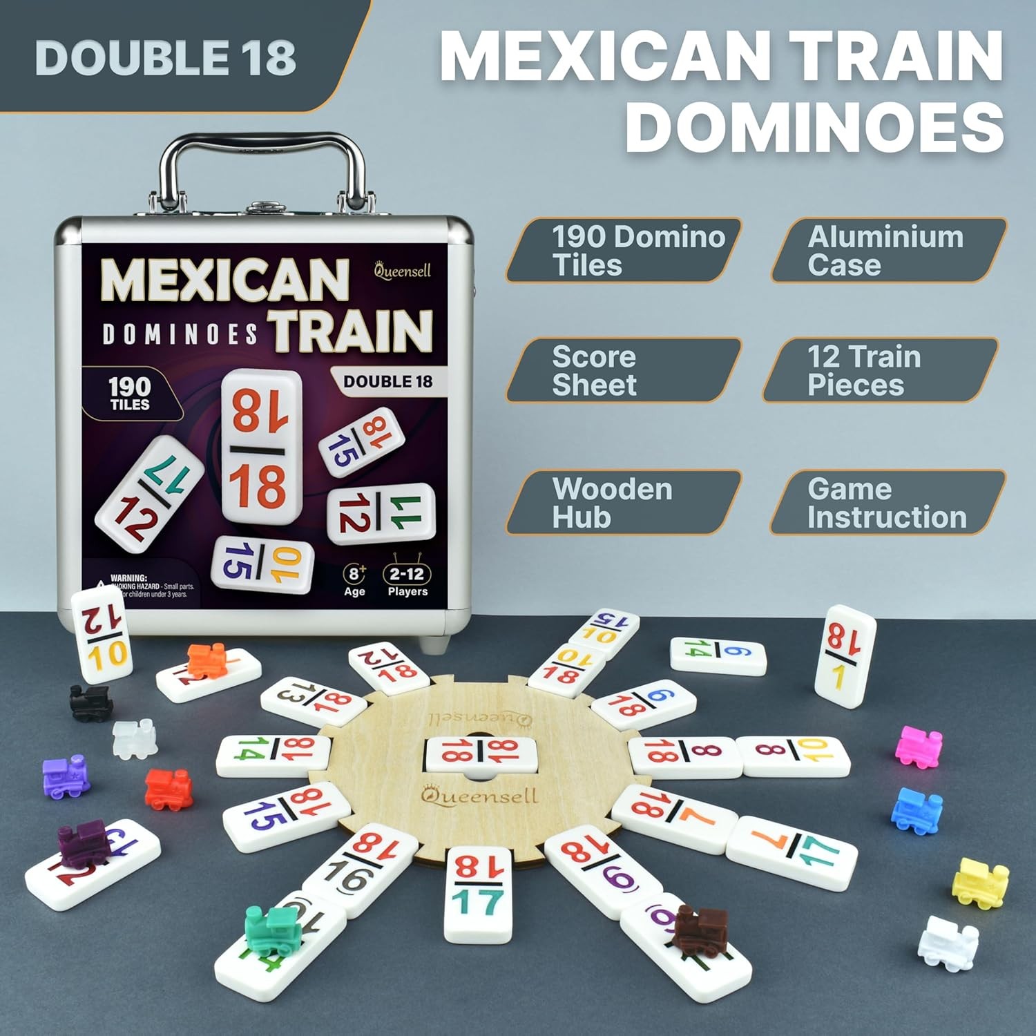 Mexican Train Dominoes Set with Numbers – Double 18 Dominos Set for Adults and K