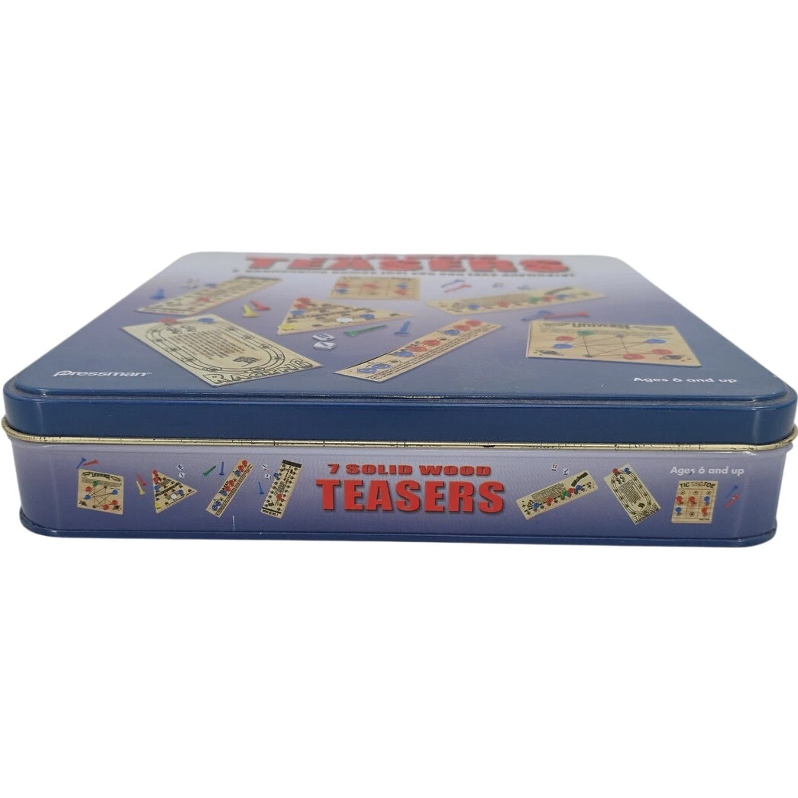 Pressman Solid Wood Teasers 7 Travel Puzzle Games Set w/ Tin Box #1806