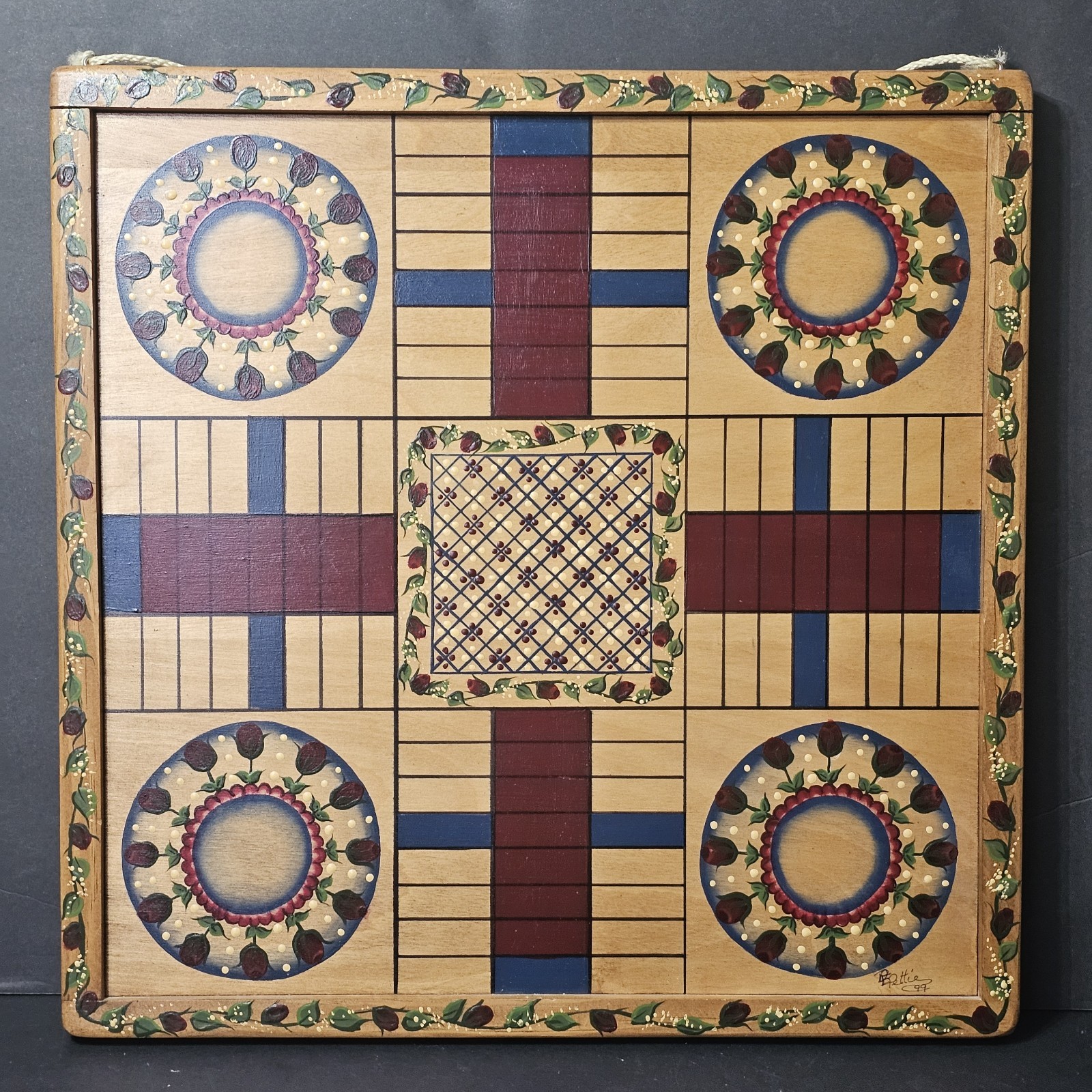 Vintage Parcheesi Wooden Board Handpainted Game, Folk Art