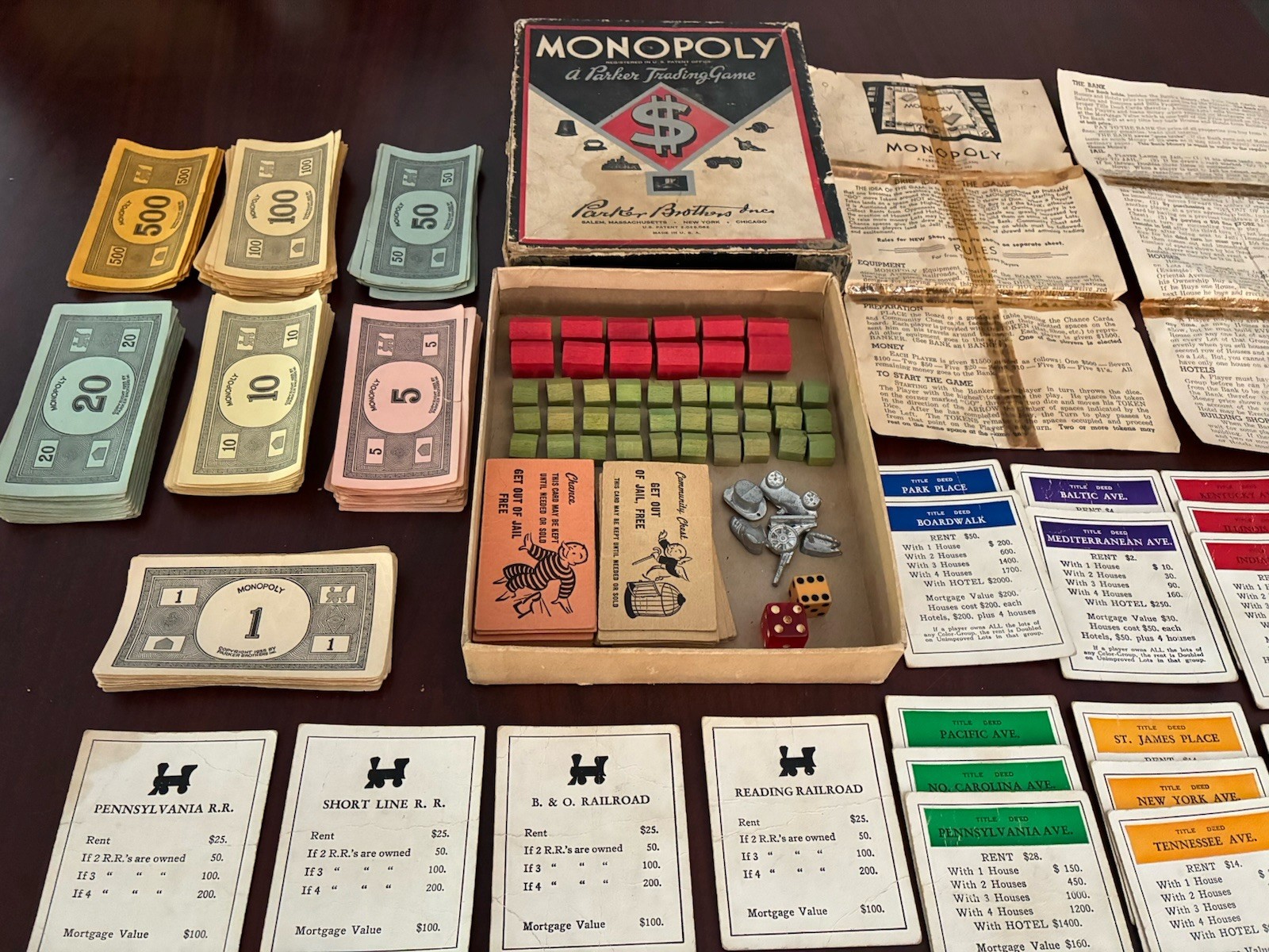 Vintage 1936 Monopoly Game Black Box Wood Houses Missing Pieces & Board. See Pic