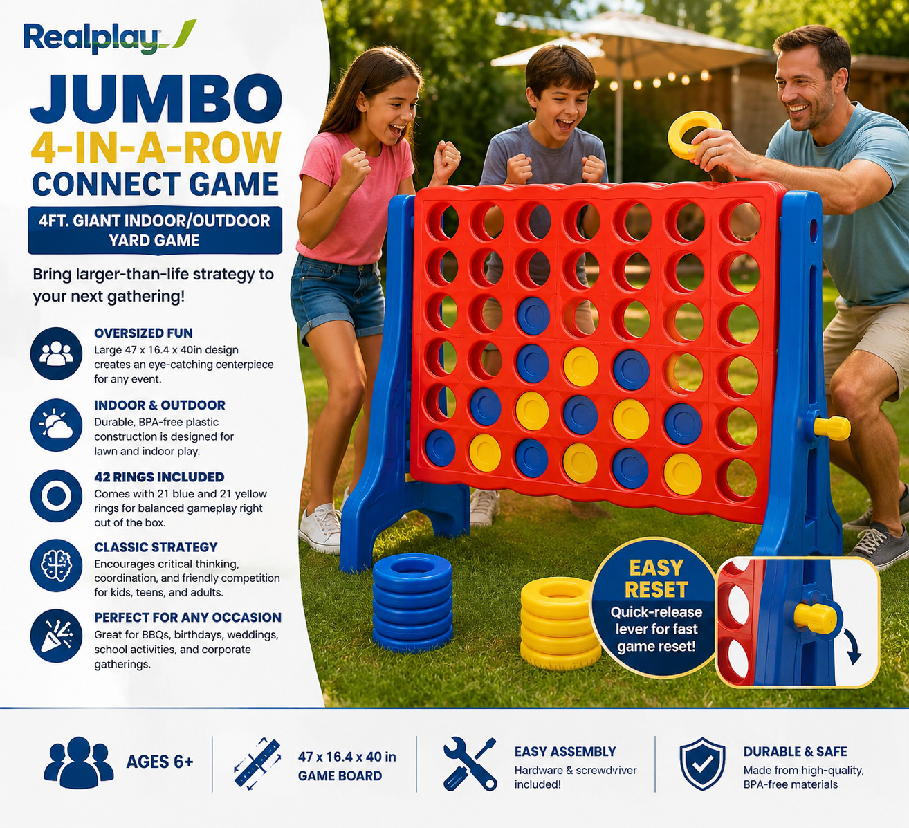 SALE Realplay Giant 4ft 4-in-a-Row Connect Game w/ 42 Rings Indoor Outdoor