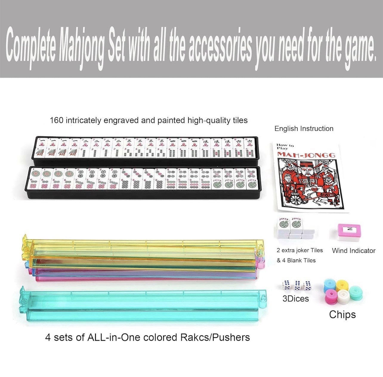 American Mahjong Set 166 Tiles Multicolor Racks Black Carry Case Complete Game