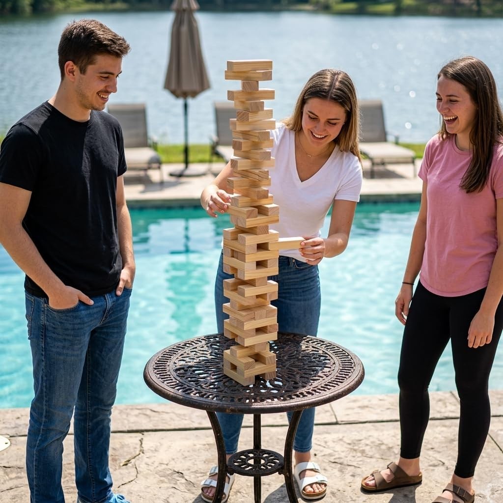 Outdoor Games Large Tower Stacking Game, 54 Wooden Blocks, Stack Up to 4 Ft T…
