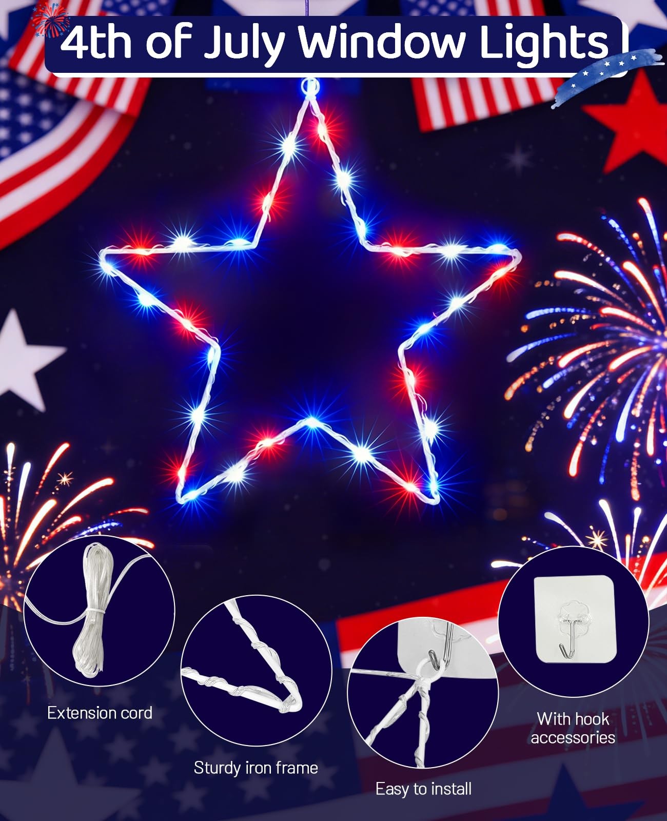 45 LED Red White Blue Star Window Lights 4th of July Patriotic Decor Decor