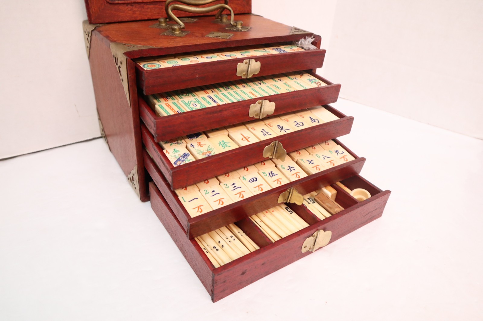 ATQ MAH JONGG SET BONE BAMBOO RARE HAND Carved mahjong THICK TILES Wood Case_)