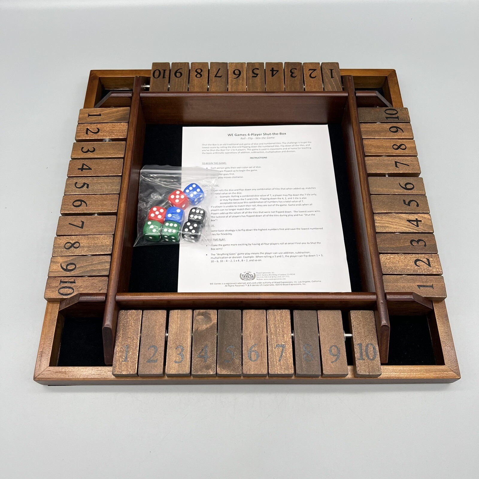 WE Games 4 Player Shut The Box Dice Game Walnut Stained Wood EUC