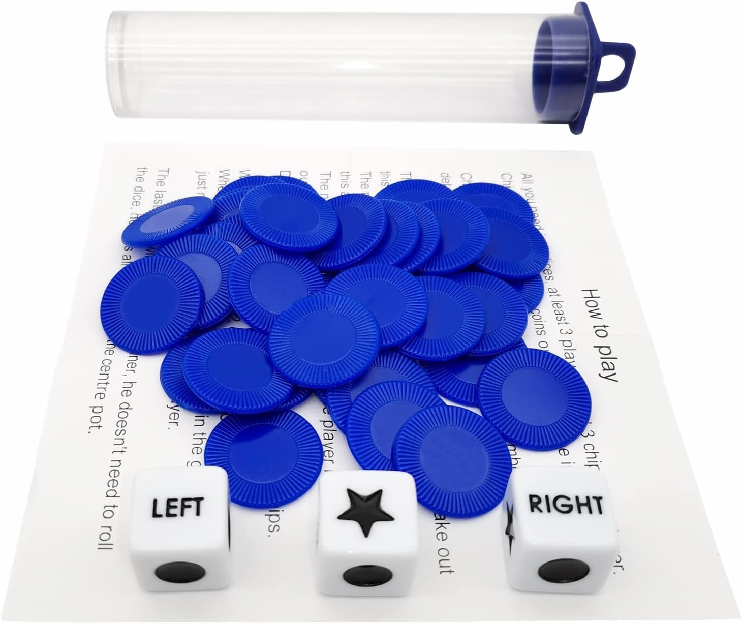 Left Right Center Dice Game Prime Set Bundle with 3 Dices + 36 Chips. Round T…