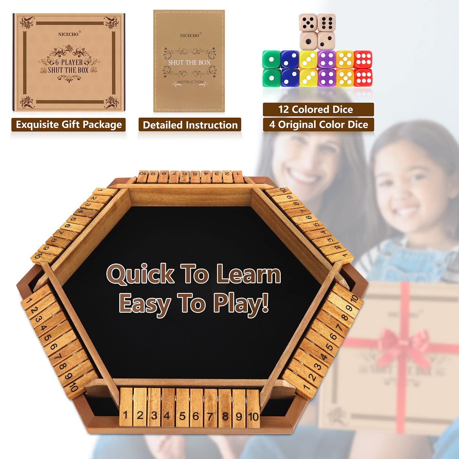 2-6 Players Shut The Box Dice Game, Wooden Board Table Math Game with 16 Dice