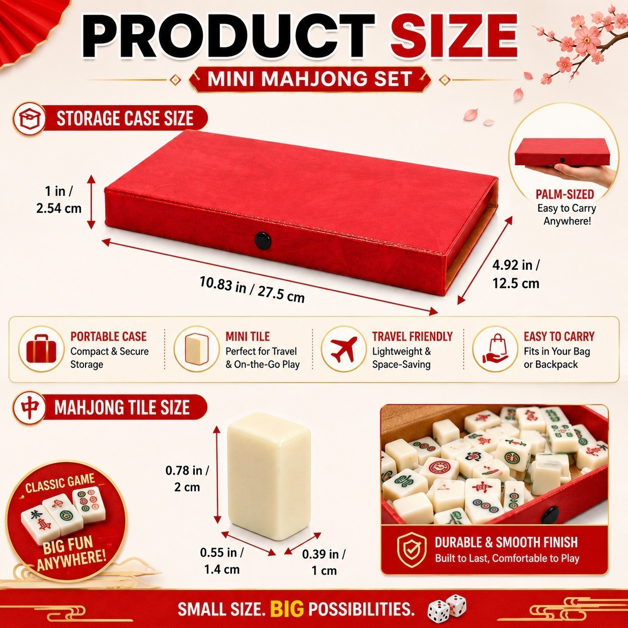 Mini Mahjong Game Set Travel Size Tiles with Storage Case Dice Kids Adults Party