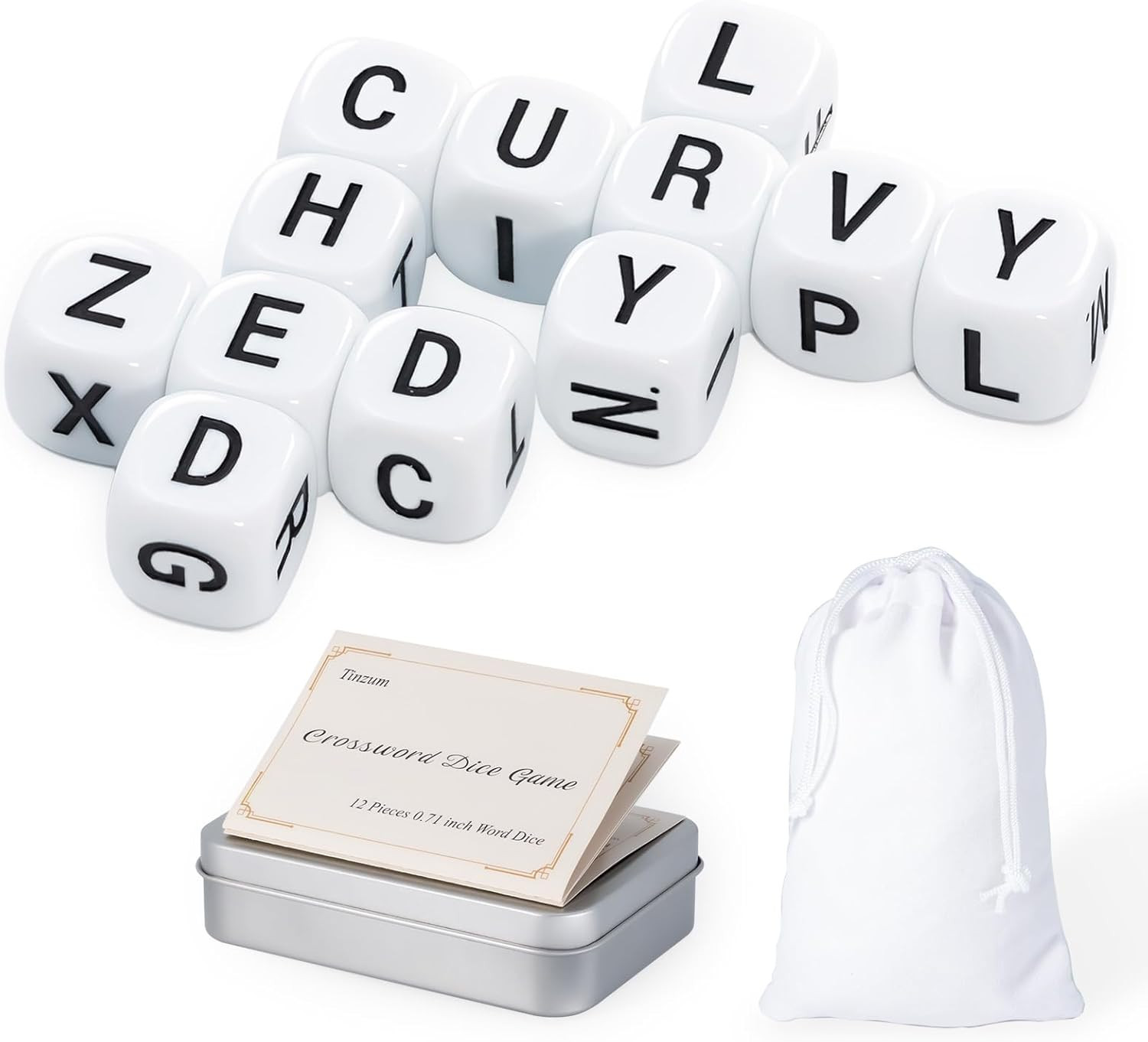 12 Pcs the Crossword Solitaire Game in White with Tin Box & Velvet Bag, Large