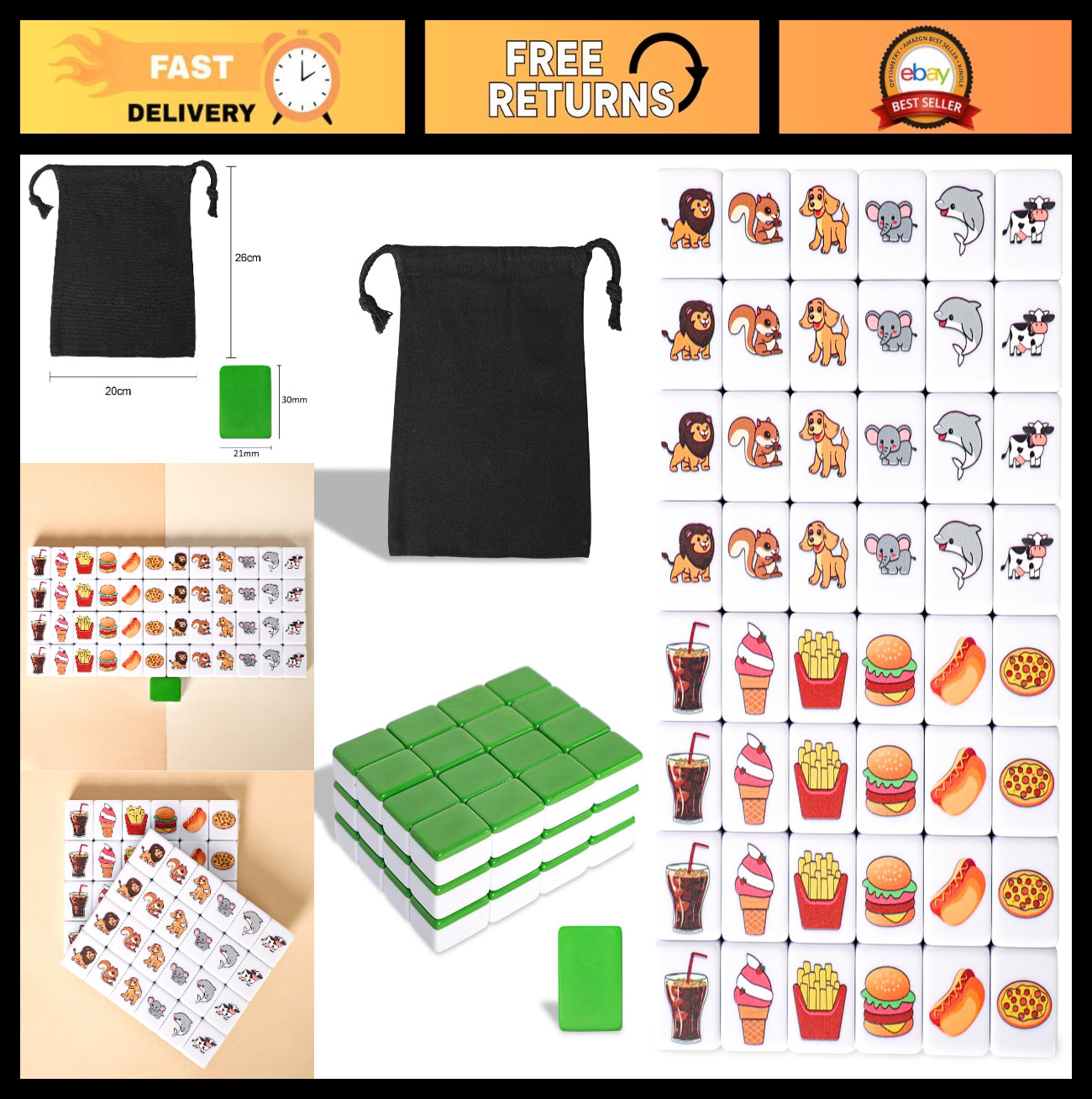 2 Player Mahjong Block Set – 50 Premium Green Tiles, Animal & Food Patterns, Por
