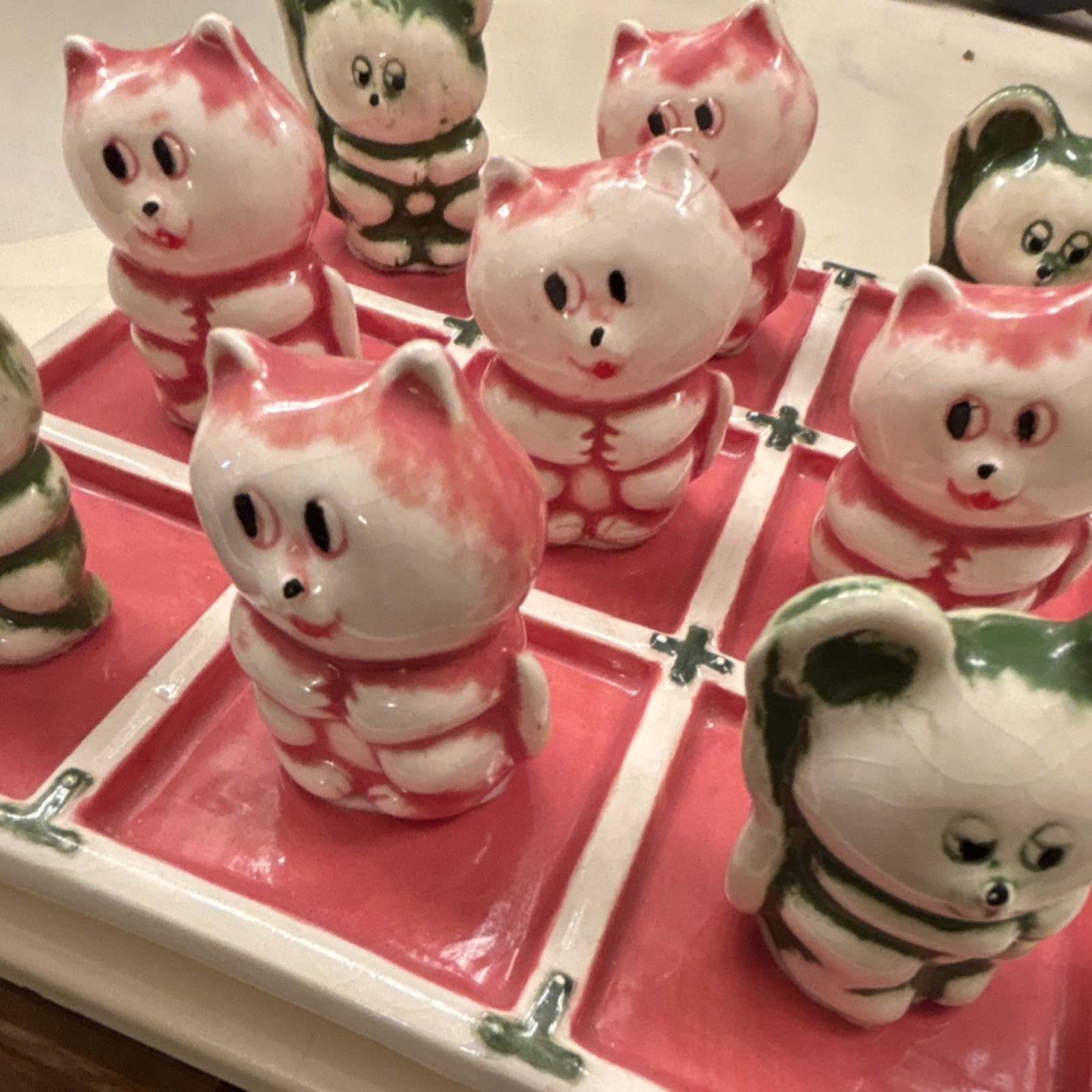 Ceramic Tic Tac Toe Board Game with Cat & Bear Figurines, Vintage Style