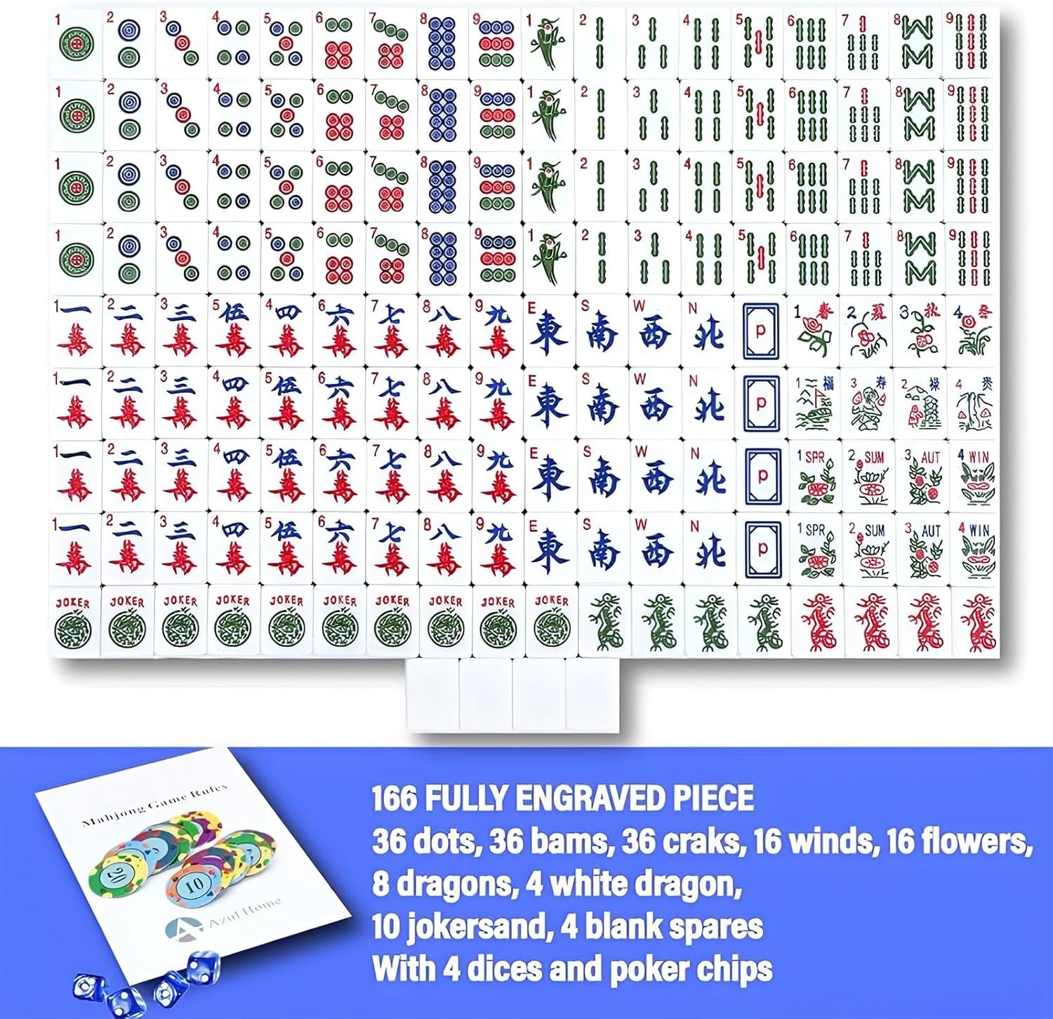 American Mahjong Game Set, 166 Numbered Melamine Tiles (1.4″), 4 Dice, 80 Poker