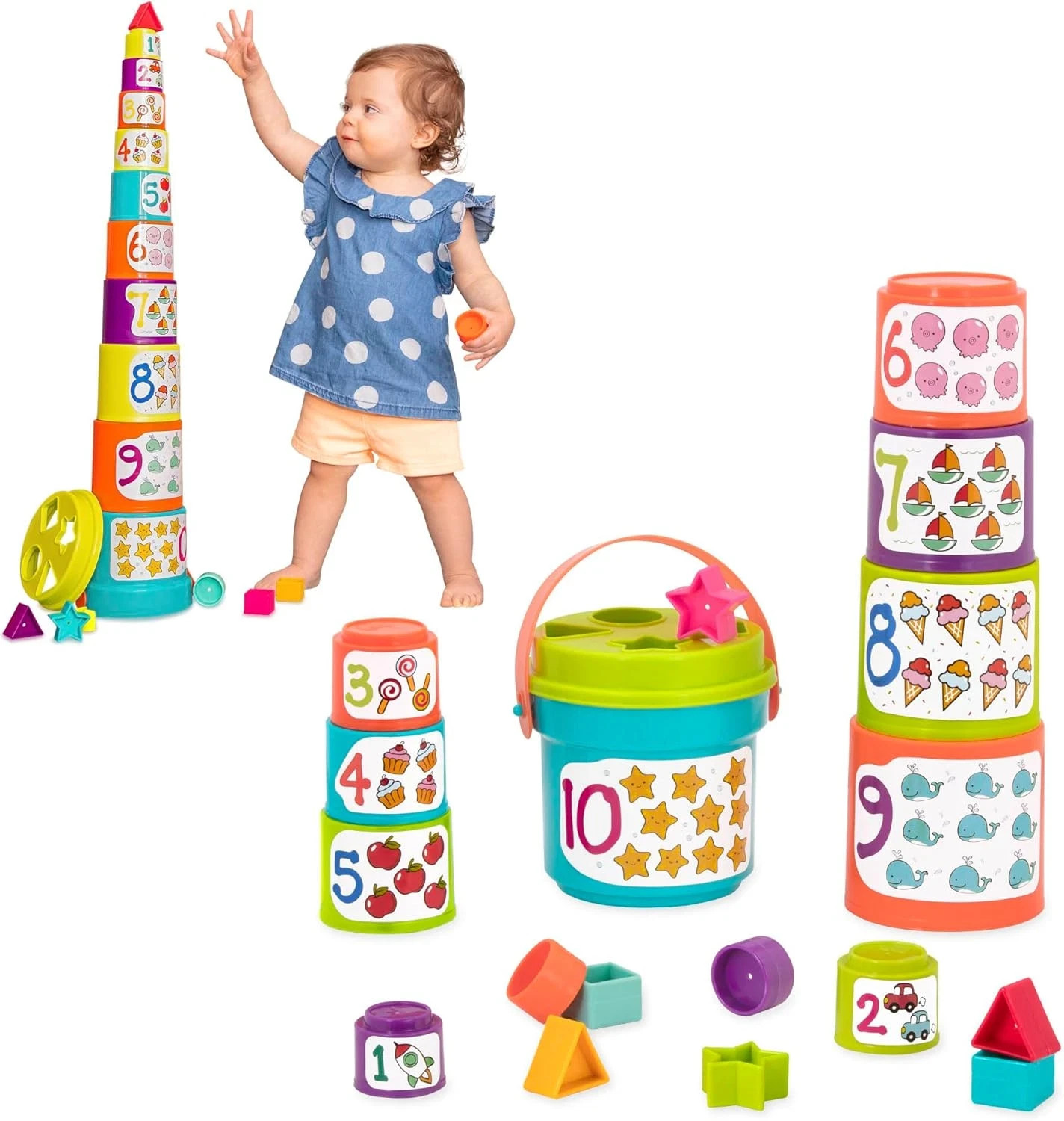Nesting Sorter Set 19 Pieces Stacking Buckets Shapes Educational Battat Cups
