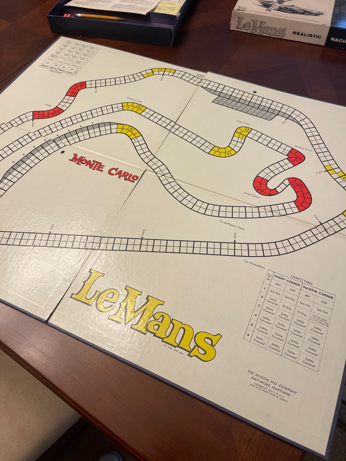 1961 Avalon Hill Le Mans Racing Board Game – Vintage – 11 Cars, 12 Cards & 2Dice