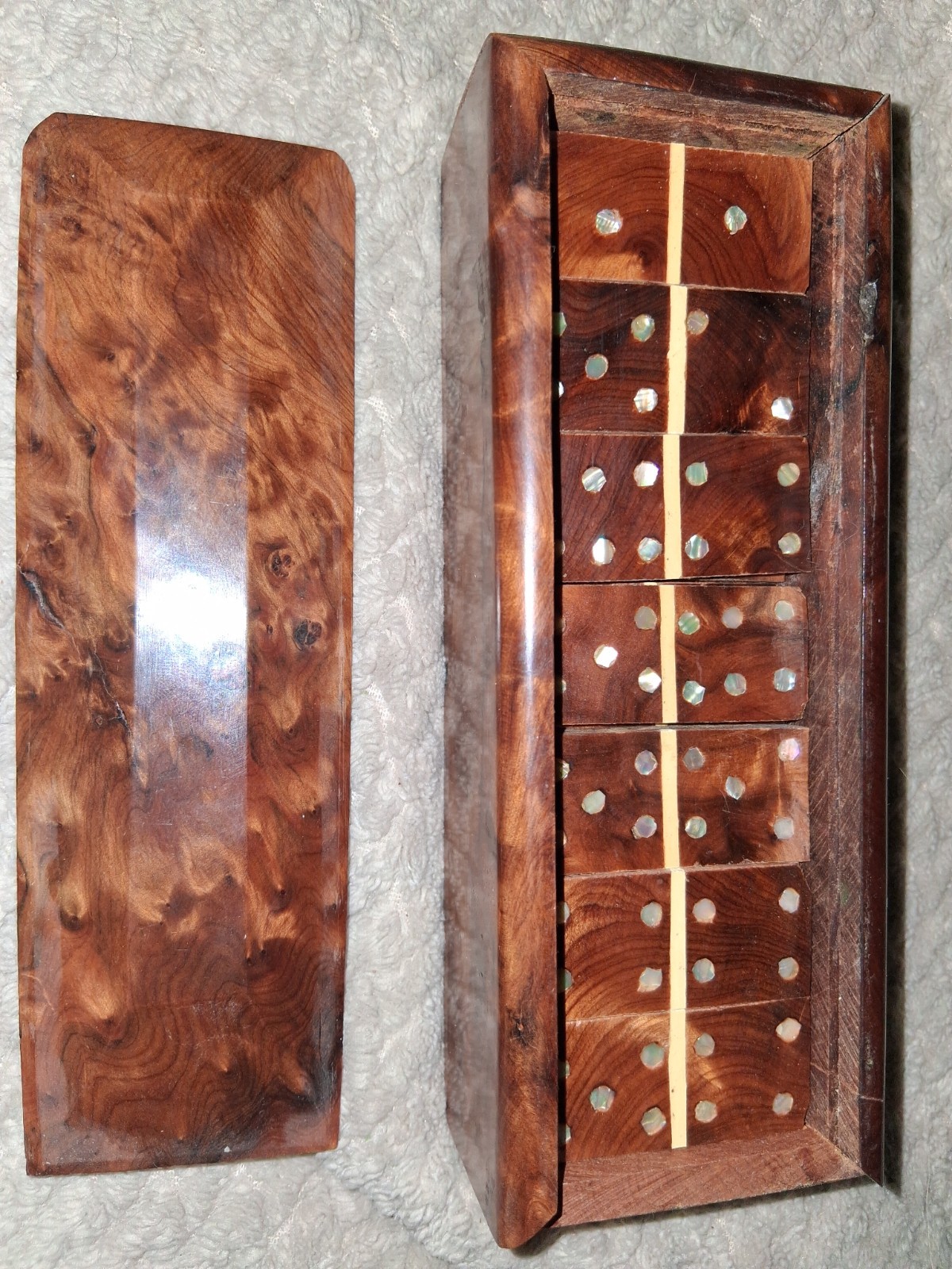 Handmade Burlwood Mother Pearl Wooden Box Set Dominoes Double Six 28 Vintage Set