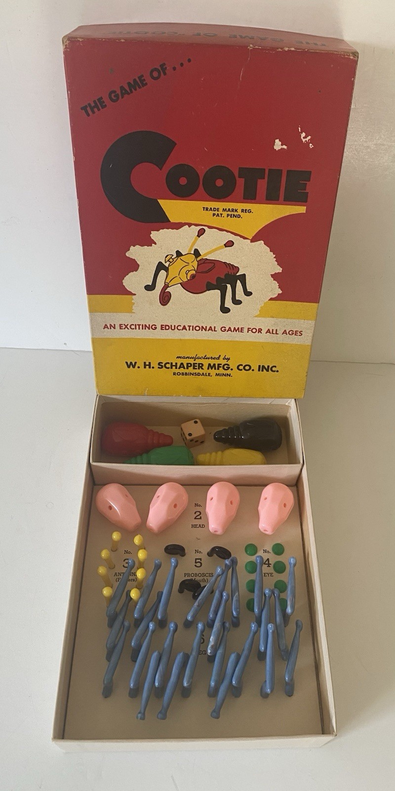 Vintage 1949 The GAME OF COOTIE Original Pieces Box Schaper 100% Complete