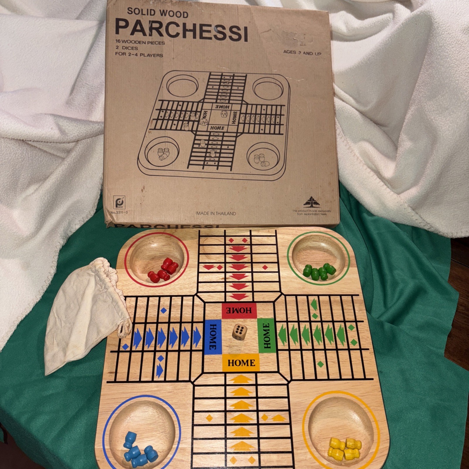 Parchessi Solid Wood Board Game 13” Made In Thailand Complete Vintage