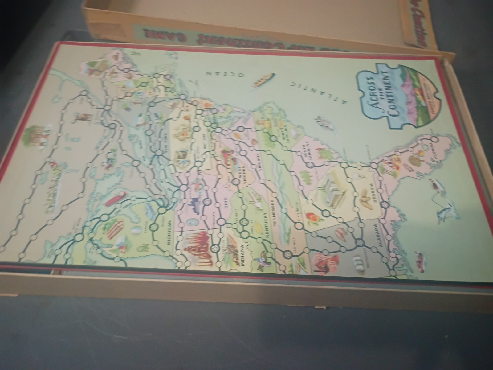 Vintage Parker Brothers Across the Continent Board Game 1952 USA Map