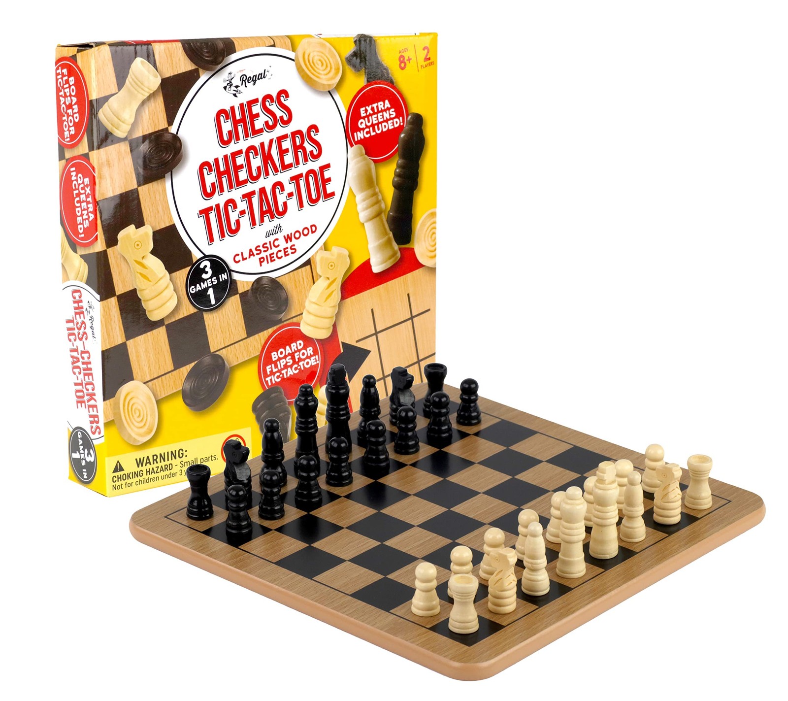 Reversible Wooden Chess Checkers Tic Tac Toe Board Game Set Family Fun