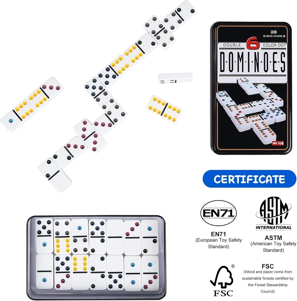 Double Six Dominoes Set for Adults, Classic Domino Game with Tin Box – 28 Tiles