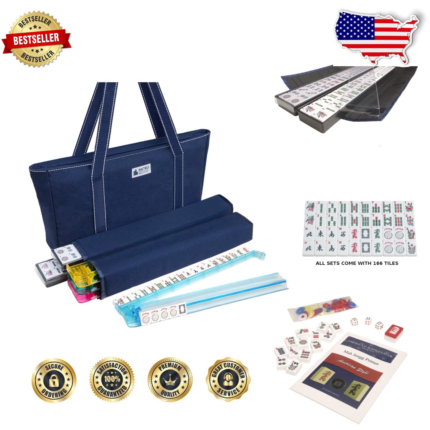 American Mah Jongg Set – 166 Melamine Tiles, 4 Racks, Blue Canvas Bag
