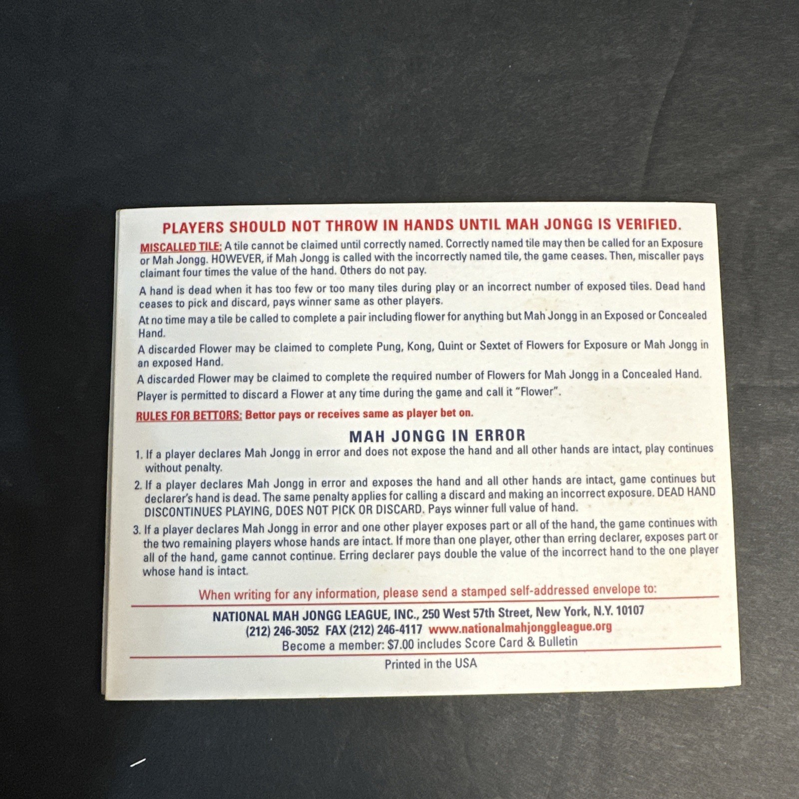2009 National Mah Jongg League Card Rules Game Hands Standard EXCELLENT